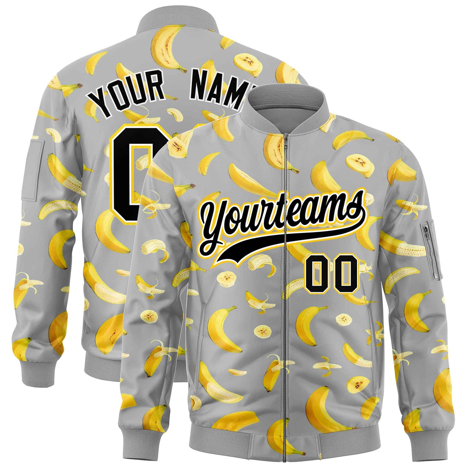 Custom Gray Varsity Full-Zip Banana Pattern Letterman Bomber Jacket | Graffiti Pattern | Embroidery&Dye-sublimation printing | KXKSHOP