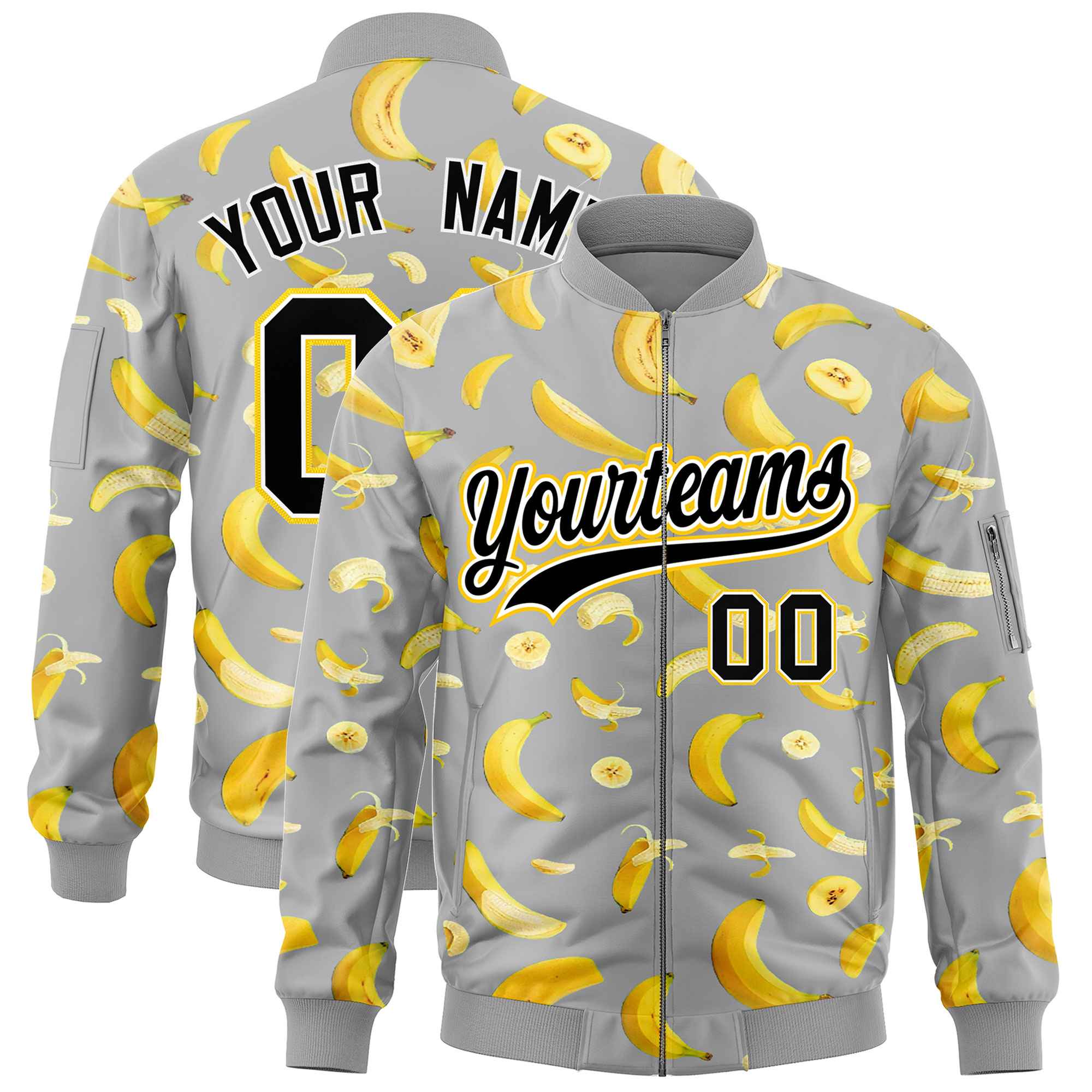 Custom Gray Varsity Full-Zip Banana Pattern Letterman Bomber Jacket | Graffiti Pattern | Embroidery&Dye-sublimation printing | KXKSHOP