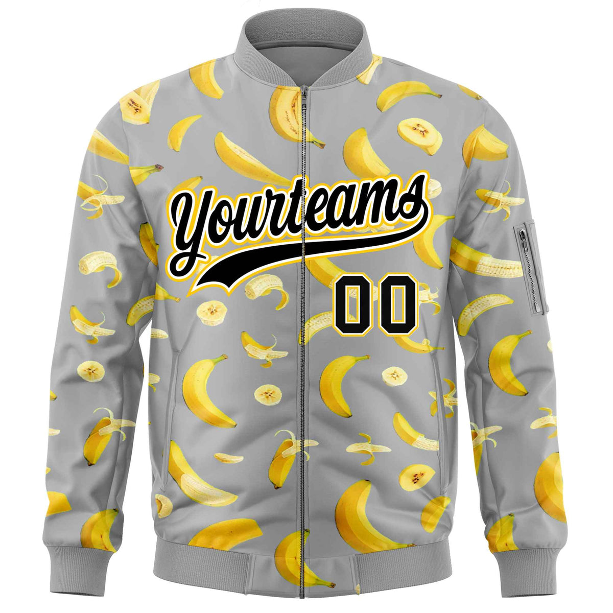 Custom Gray Varsity Full-Zip Banana Pattern Letterman Bomber Jacket | Graffiti Pattern | Embroidery&amp;Dye-sublimation printing | KXKSHOP
