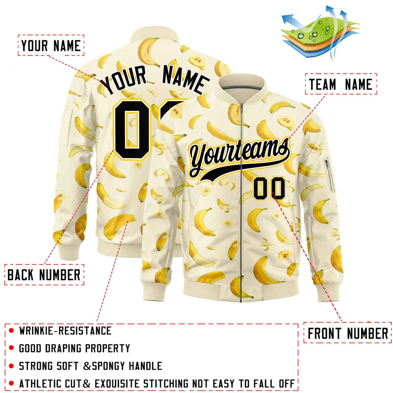 Custom Cream Varsity Full-Zip Banana Pattern Letterman Bomber Jacket | Graffiti Pattern | Embroidery&Dye-sublimation printing | KXKSHOP