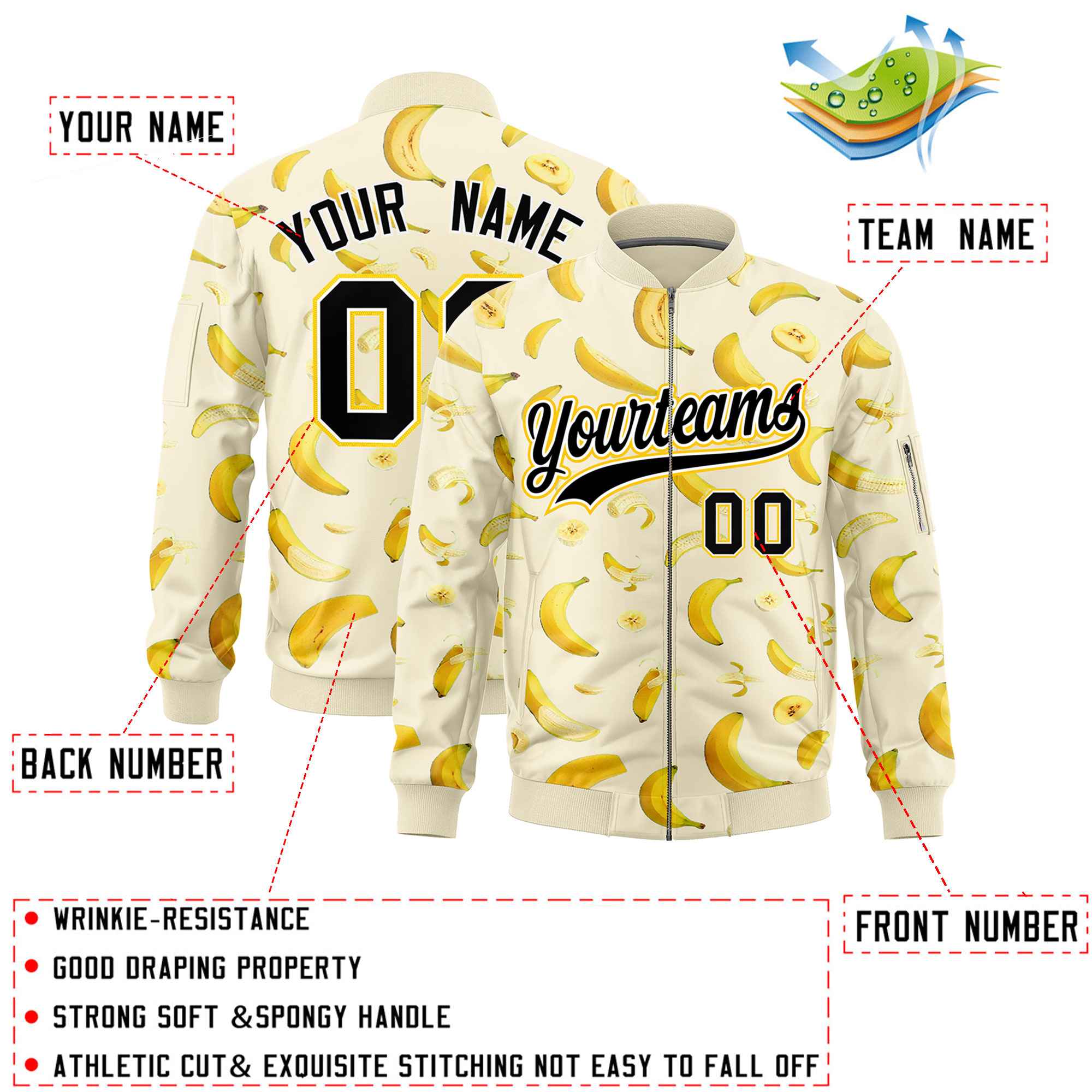 Custom Cream Varsity Full-Zip Banana Pattern Letterman Bomber Jacket | Graffiti Pattern | Embroidery&Dye-sublimation printing | KXKSHOP