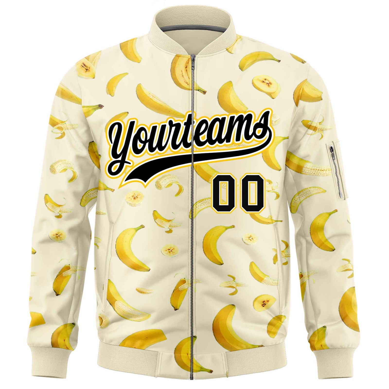 Custom Cream Varsity Full-Zip Banana Pattern Letterman Bomber Jacket | Graffiti Pattern | Embroidery&Dye-sublimation printing | KXKSHOP