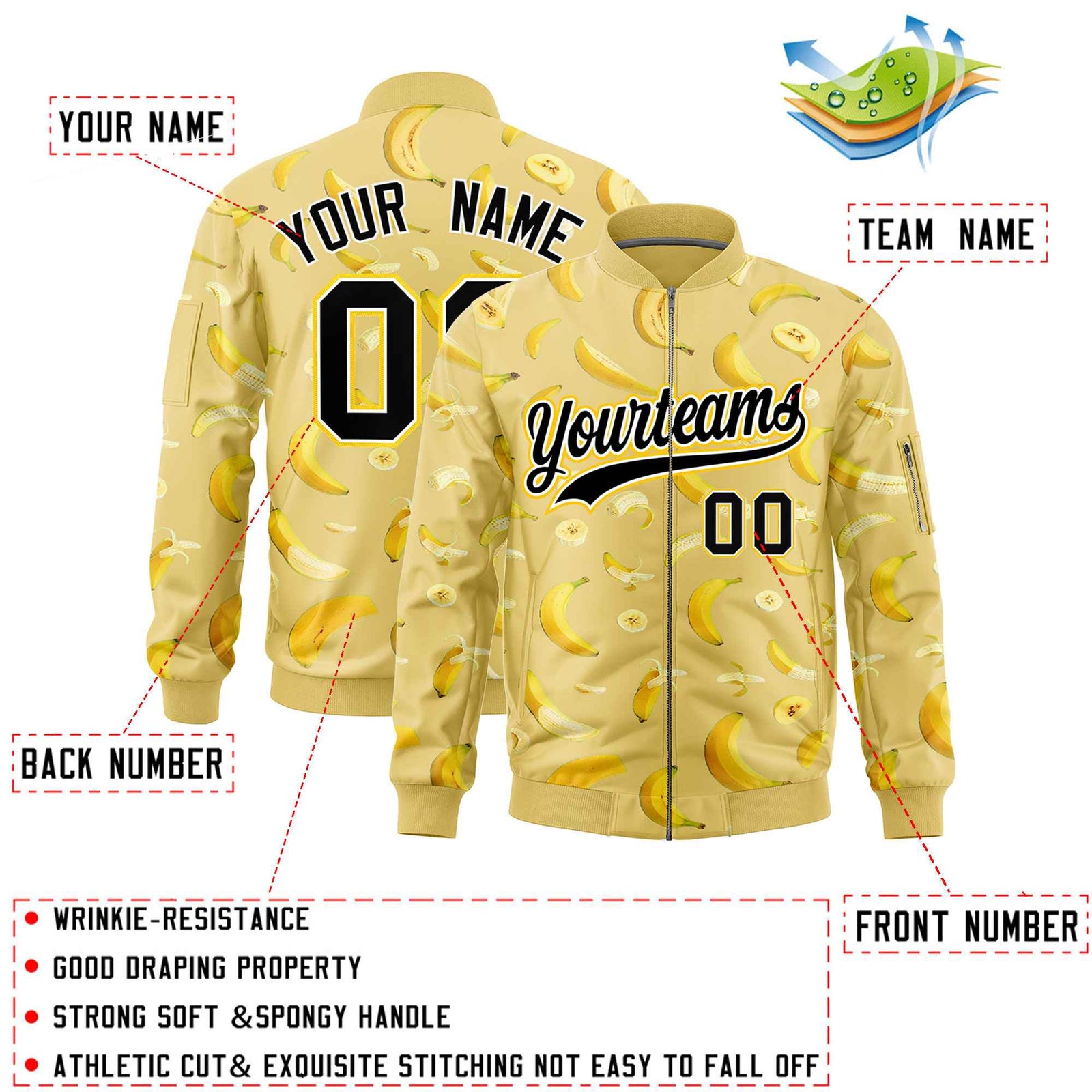 Custom Old Gold Varsity Full-Zip Banana Pattern Letterman Bomber Jacket | Graffiti Pattern | Embroidery&Dye-sublimation printing | KXKSHOP