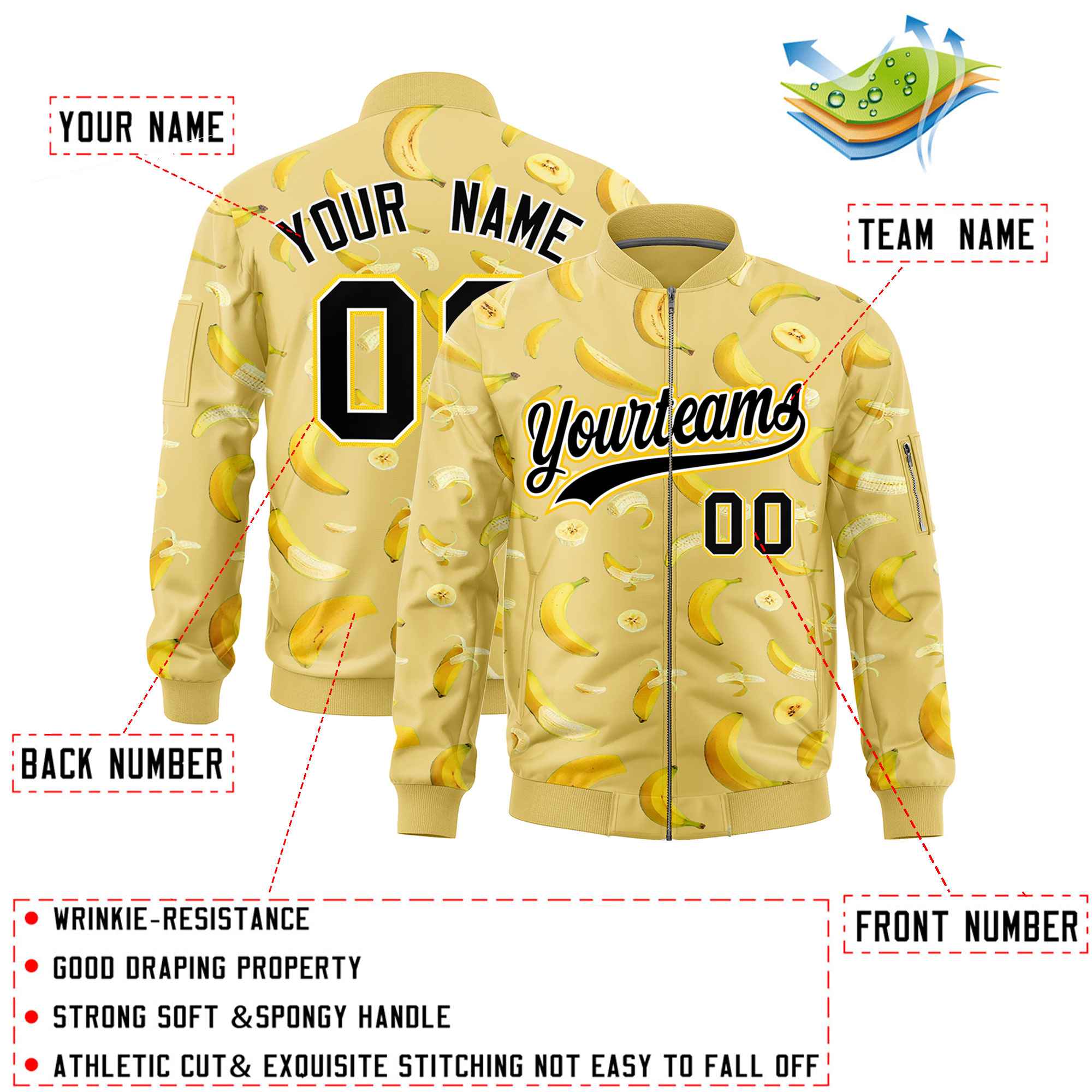 Custom Old Gold Varsity Full-Zip Banana Pattern Letterman Bomber Jacket | Graffiti Pattern | Embroidery&Dye-sublimation printing | KXKSHOP