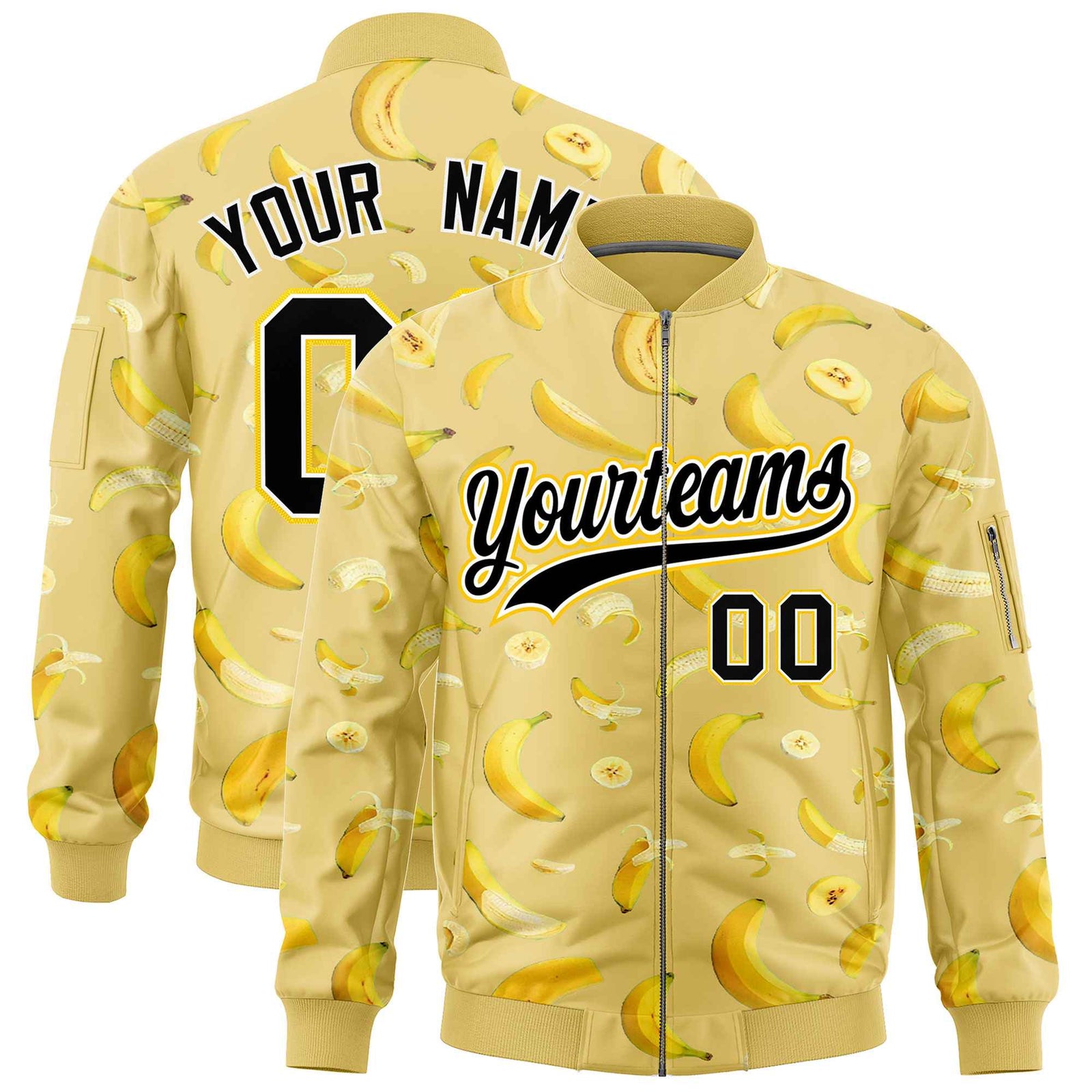Custom Old Gold Varsity Full-Zip Banana Pattern Letterman Bomber Jacket | Graffiti Pattern | Embroidery&Dye-sublimation printing | KXKSHOP