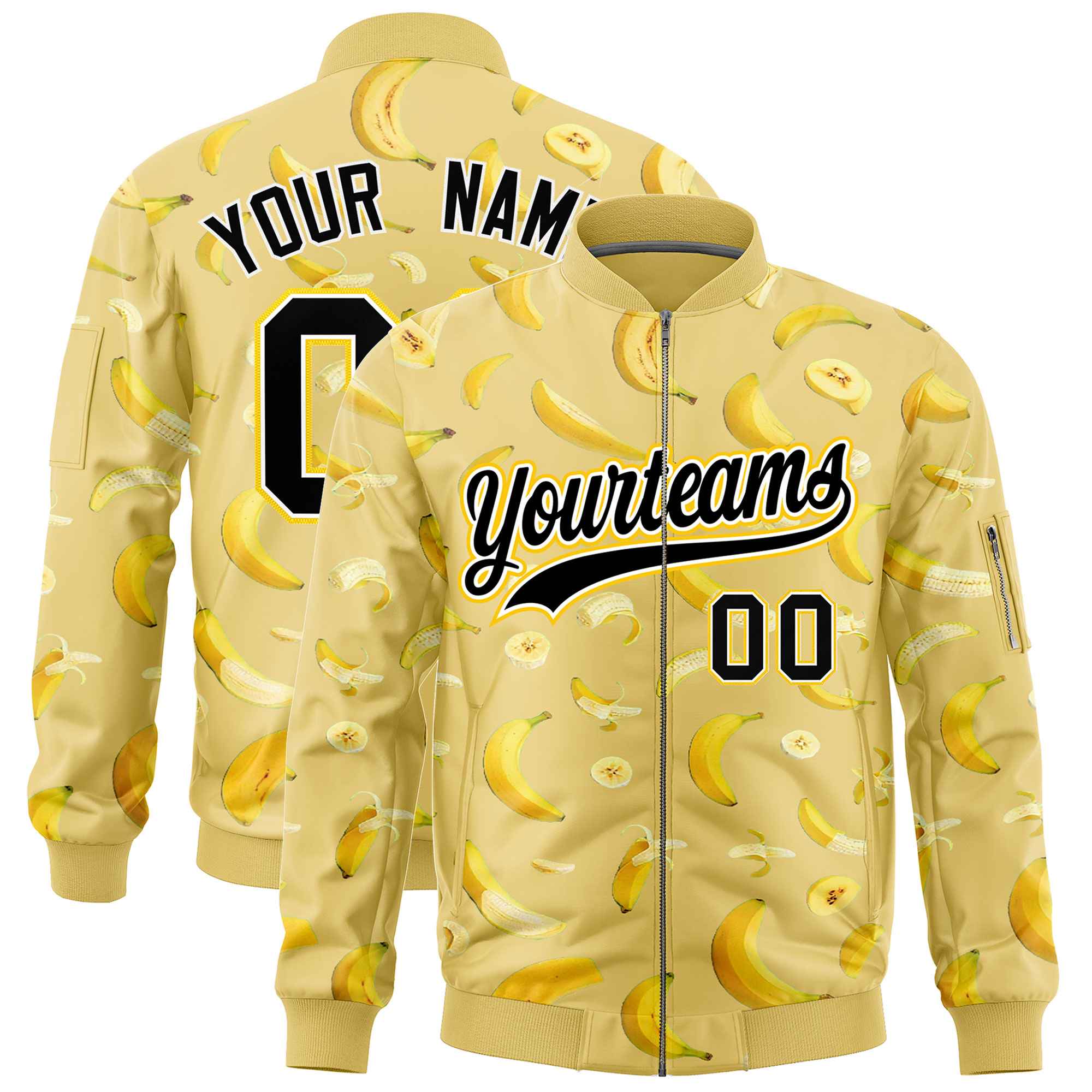 Custom Old Gold Varsity Full-Zip Banana Pattern Letterman Bomber Jacket | Graffiti Pattern | Embroidery&Dye-sublimation printing | KXKSHOP