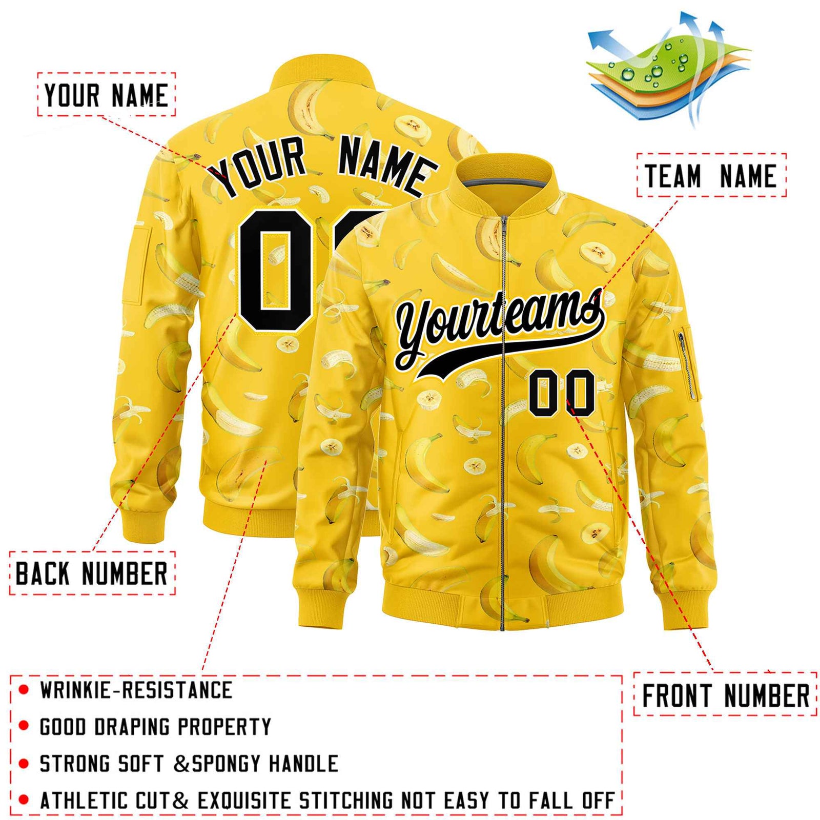 Custom Gold Varsity Full-Zip Banana Pattern Letterman Bomber Jacket | Graffiti Pattern | Embroidery&Dye-sublimation printing | KXKSHOP