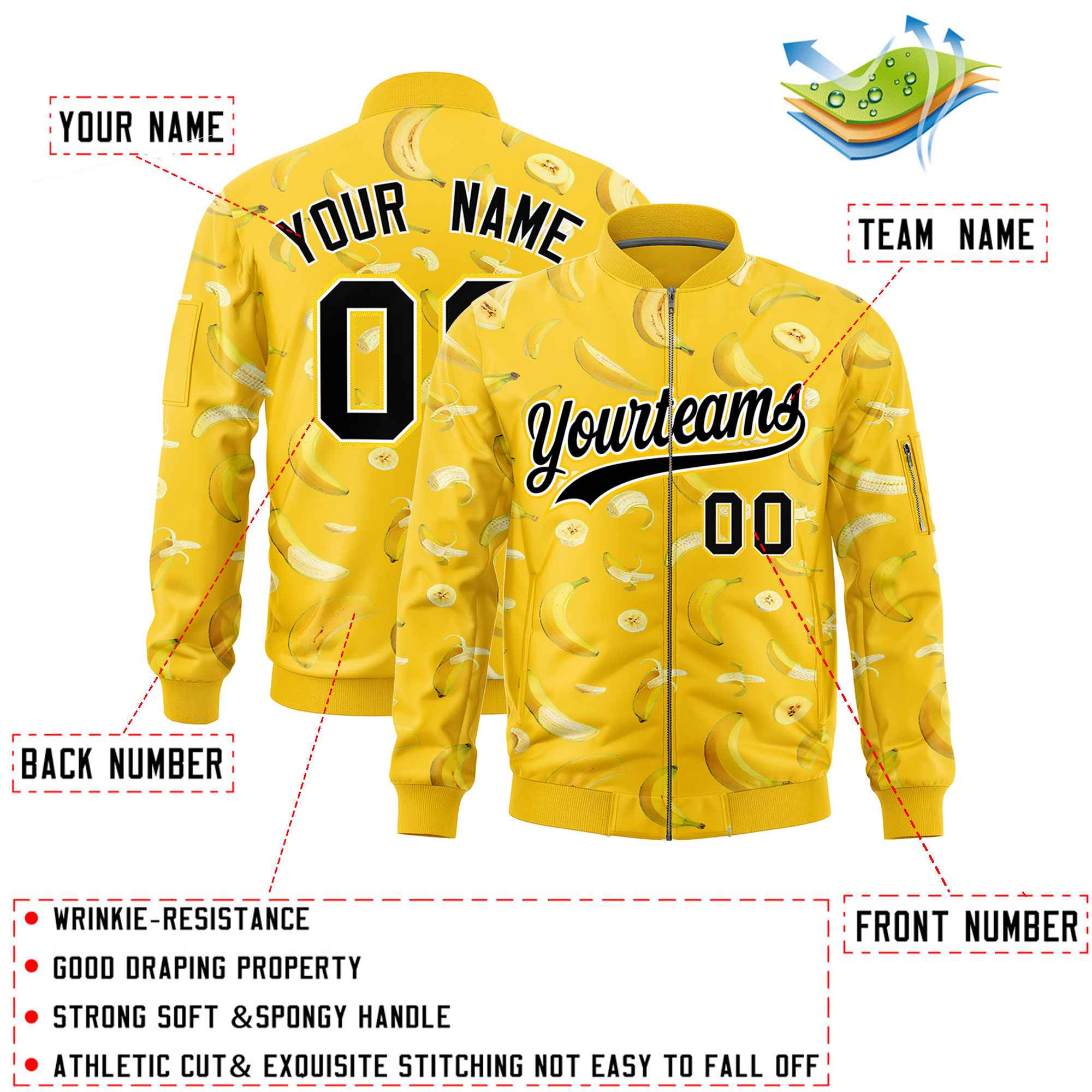Custom Gold Varsity Full-Zip Banana Pattern Letterman Bomber Jacket | Graffiti Pattern | Embroidery&Dye-sublimation printing | KXKSHOP