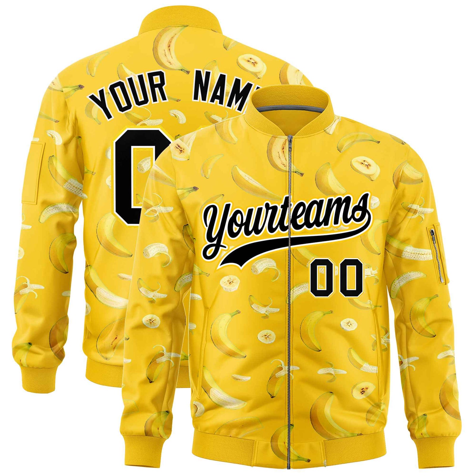 Custom Gold Varsity Full-Zip Banana Pattern Letterman Bomber Jacket | Graffiti Pattern | Embroidery&Dye-sublimation printing | KXKSHOP