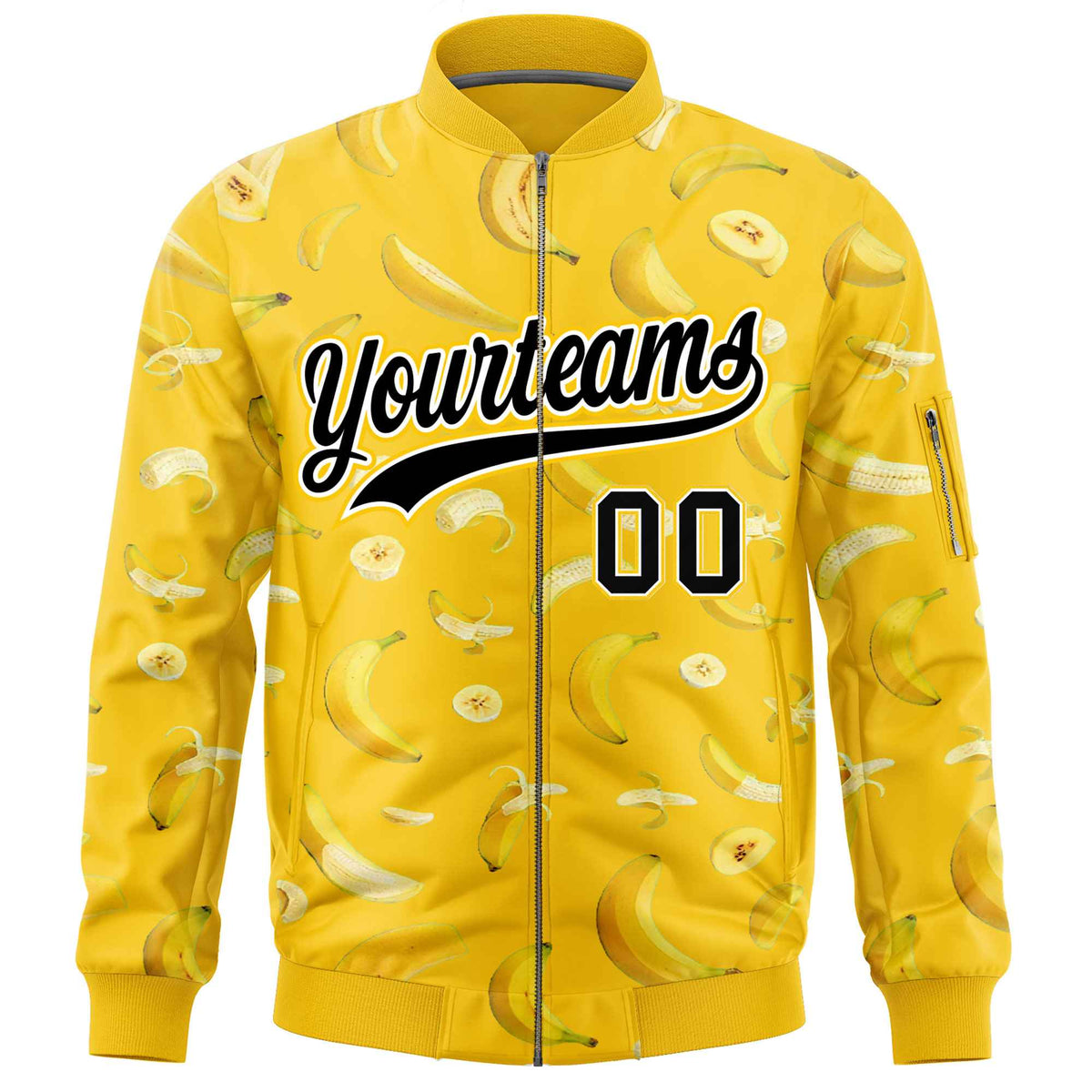 Custom Gold Varsity Full-Zip Banana Pattern Letterman Bomber Jacket | Graffiti Pattern | Embroidery&amp;Dye-sublimation printing | KXKSHOP