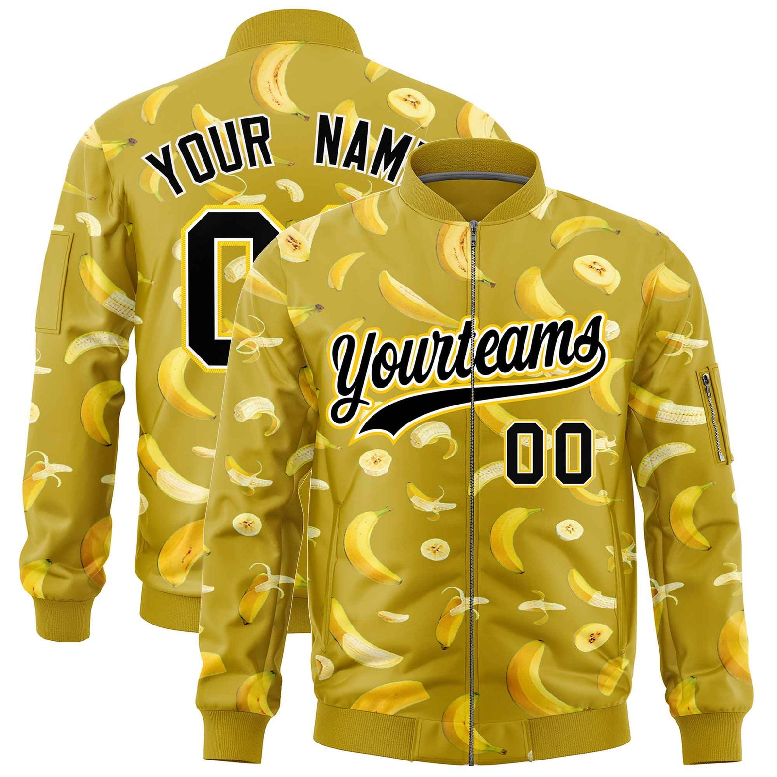 Custom Old Gold Varsity Full-Zip Banana Pattern Letterman Bomber Jacket | Graffiti Pattern | Embroidery&Dye-sublimation printing | KXKSHOP
