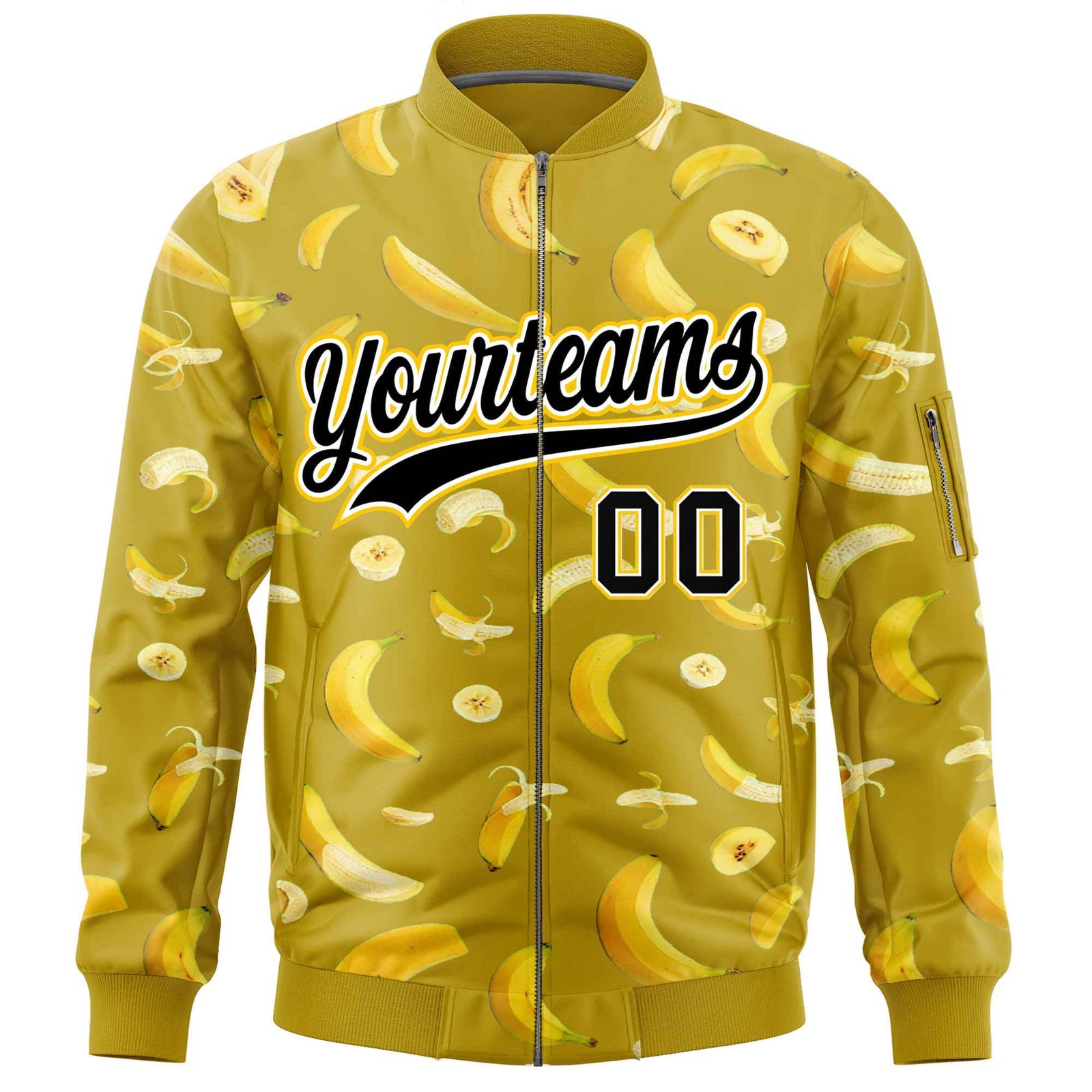Custom Old Gold Varsity Full-Zip Banana Pattern Letterman Bomber Jacket | Graffiti Pattern | Embroidery&Dye-sublimation printing | KXKSHOP