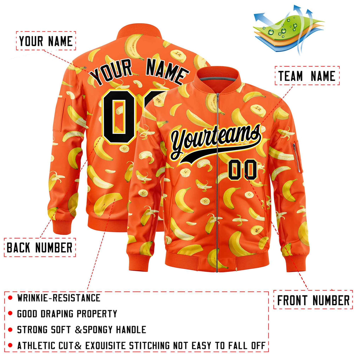 Custom Orange Varsity Full-Zip Banana Pattern Letterman Bomber Jacket | Graffiti Pattern | Embroidery&amp;Dye-sublimation printing | KXKSHOP