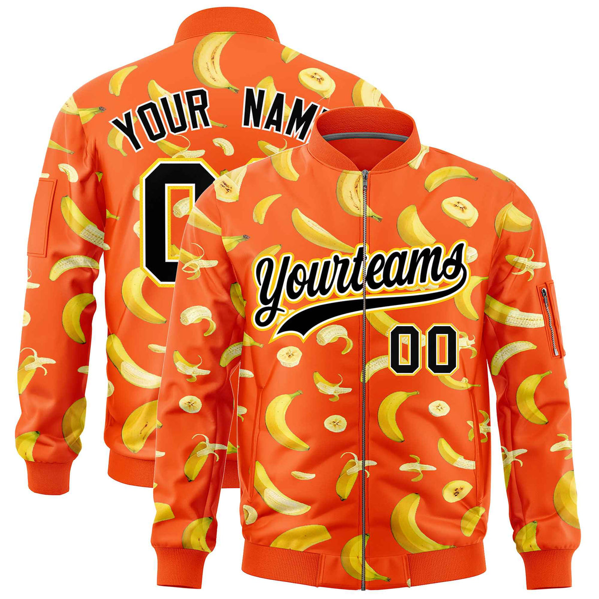 Custom Orange Varsity Full-Zip Banana Pattern Letterman Bomber Jacket | Graffiti Pattern | Embroidery&amp;Dye-sublimation printing | KXKSHOP