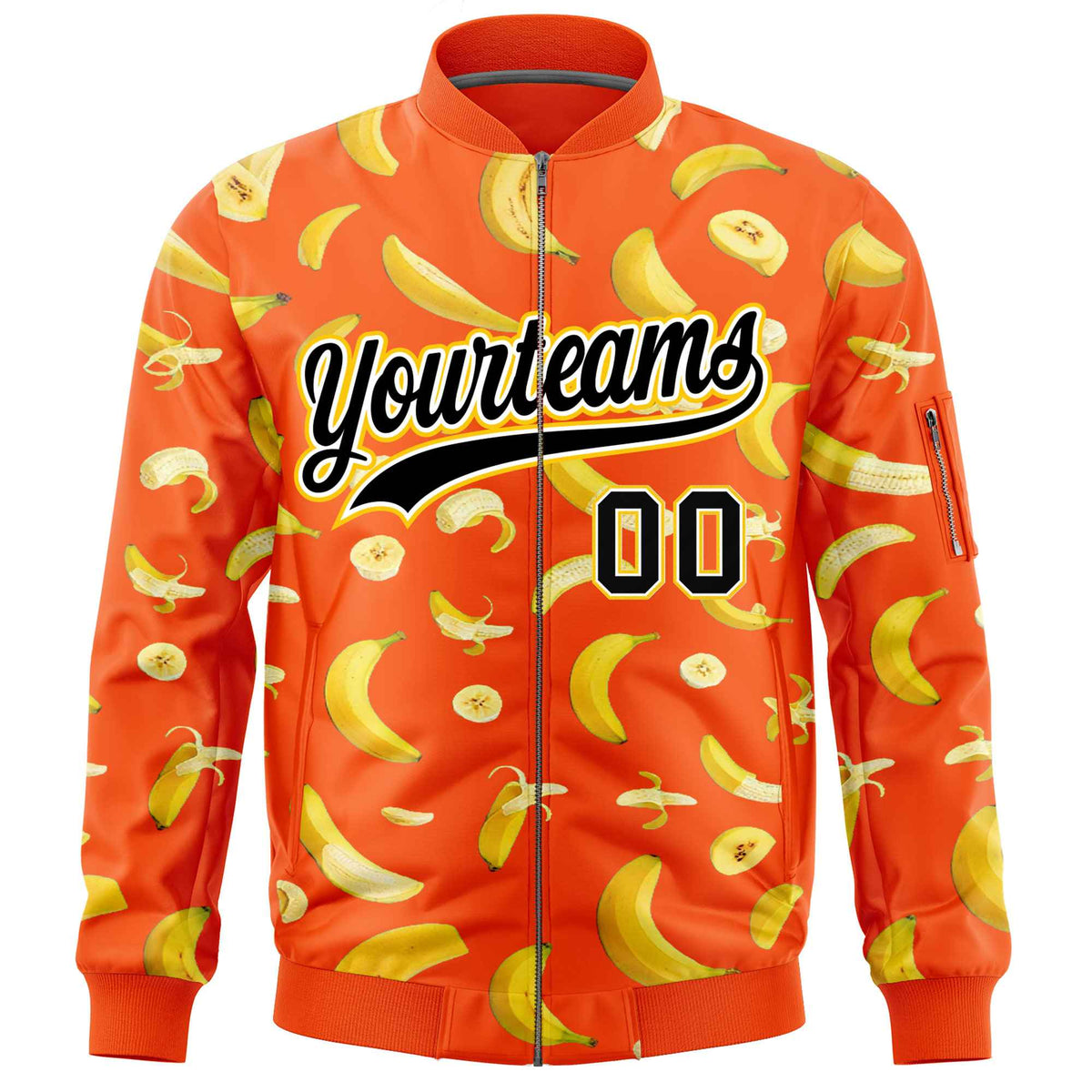 Custom Orange Varsity Full-Zip Banana Pattern Letterman Bomber Jacket | Graffiti Pattern | Embroidery&amp;Dye-sublimation printing | KXKSHOP