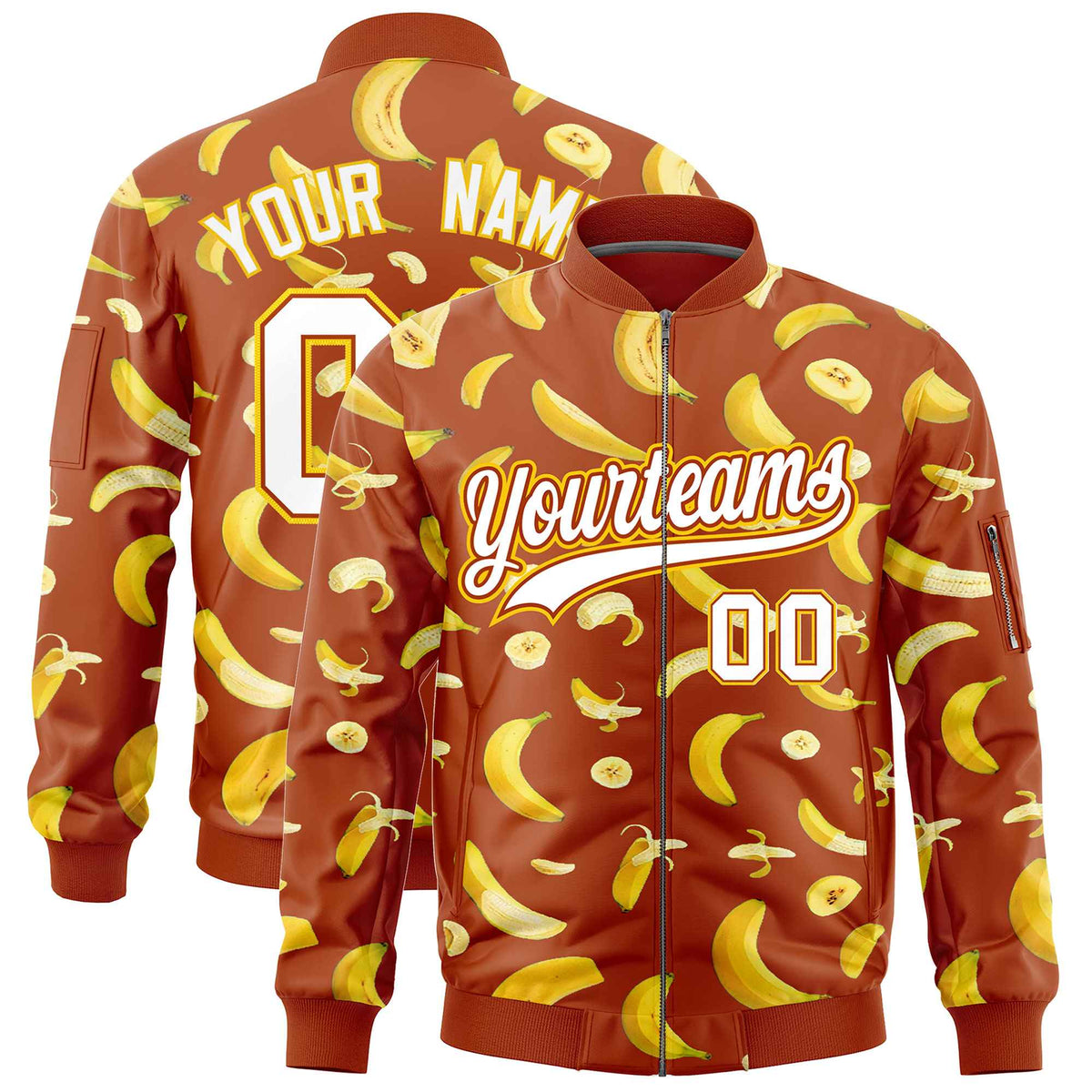 Custom Dark Orange Varsity Full-Zip Banana Pattern Letterman Bomber Jacket | Graffiti Pattern | Embroidery&amp;Dye-sublimation printing | KXKSHOP