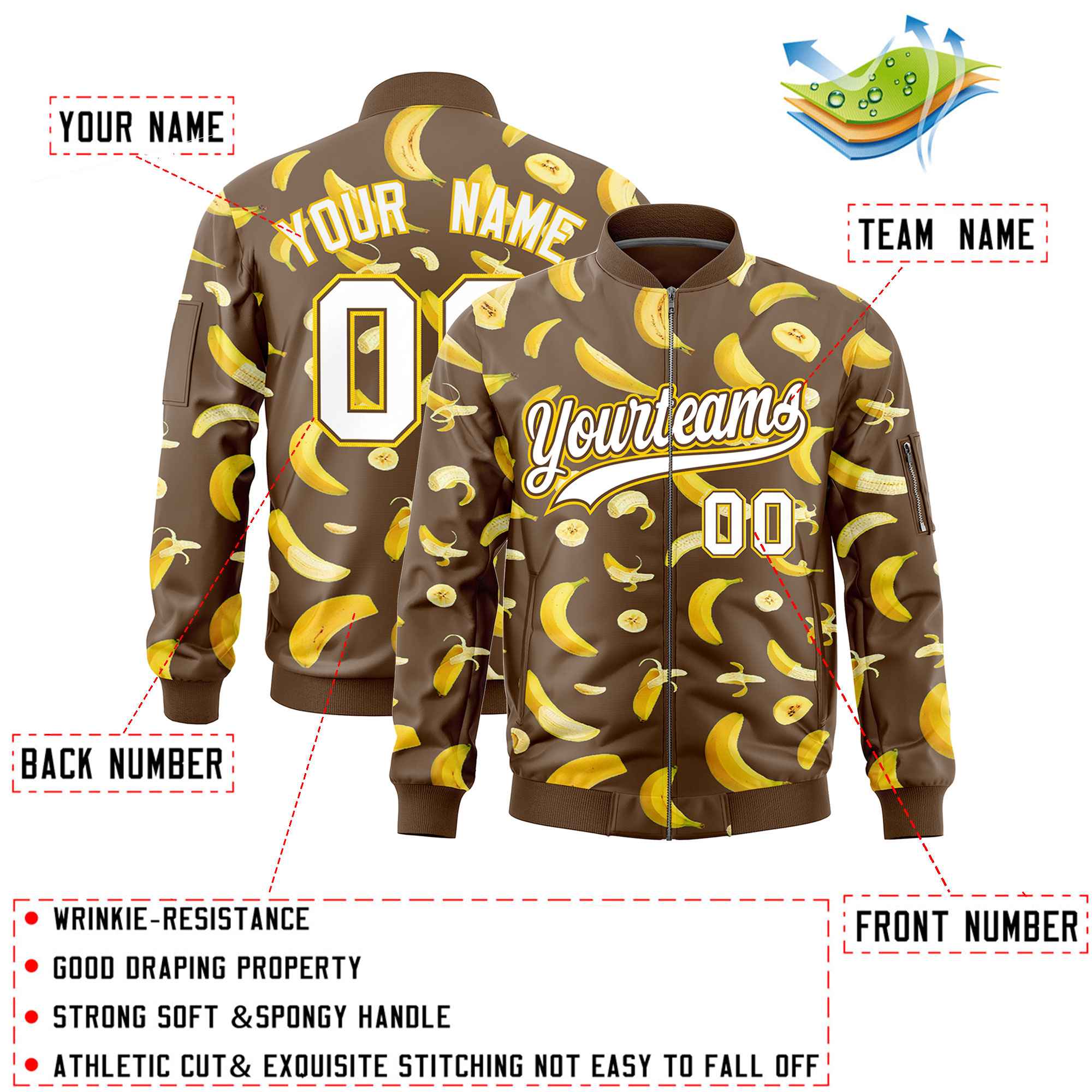 Custom Light Brown Varsity Full-Zip Banana Pattern Letterman Bomber Jacket | Graffiti Pattern | Embroidery&Dye-sublimation printing | KXKSHOP