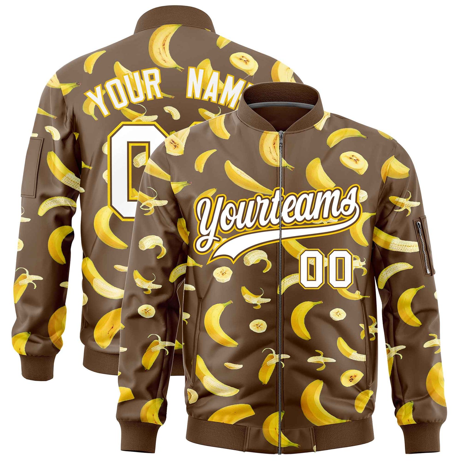 Custom Light Brown Varsity Full-Zip Banana Pattern Letterman Bomber Jacket | Graffiti Pattern | Embroidery&Dye-sublimation printing | KXKSHOP