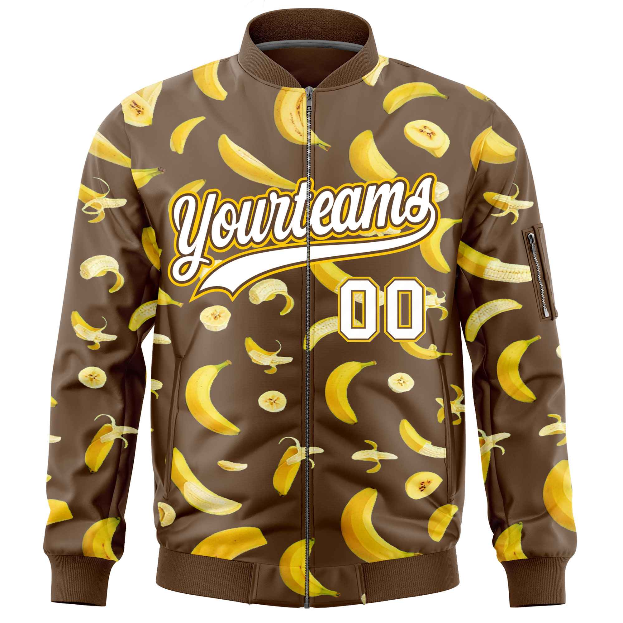 Custom Light Brown Varsity Full-Zip Banana Pattern Letterman Bomber Jacket | Graffiti Pattern | Embroidery&Dye-sublimation printing | KXKSHOP