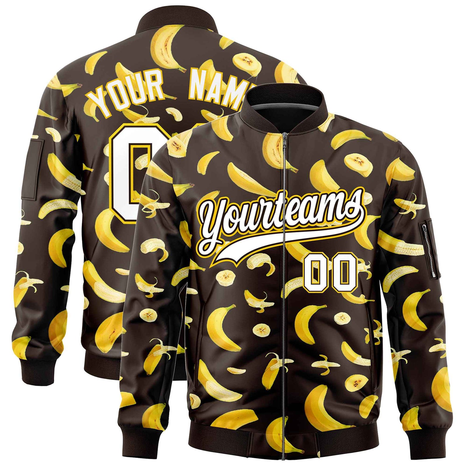 Custom Brown Varsity Full-Zip Banana Pattern Letterman Bomber Jacket | Graffiti Pattern | Embroidery&Dye-sublimation printing | KXKSHOP