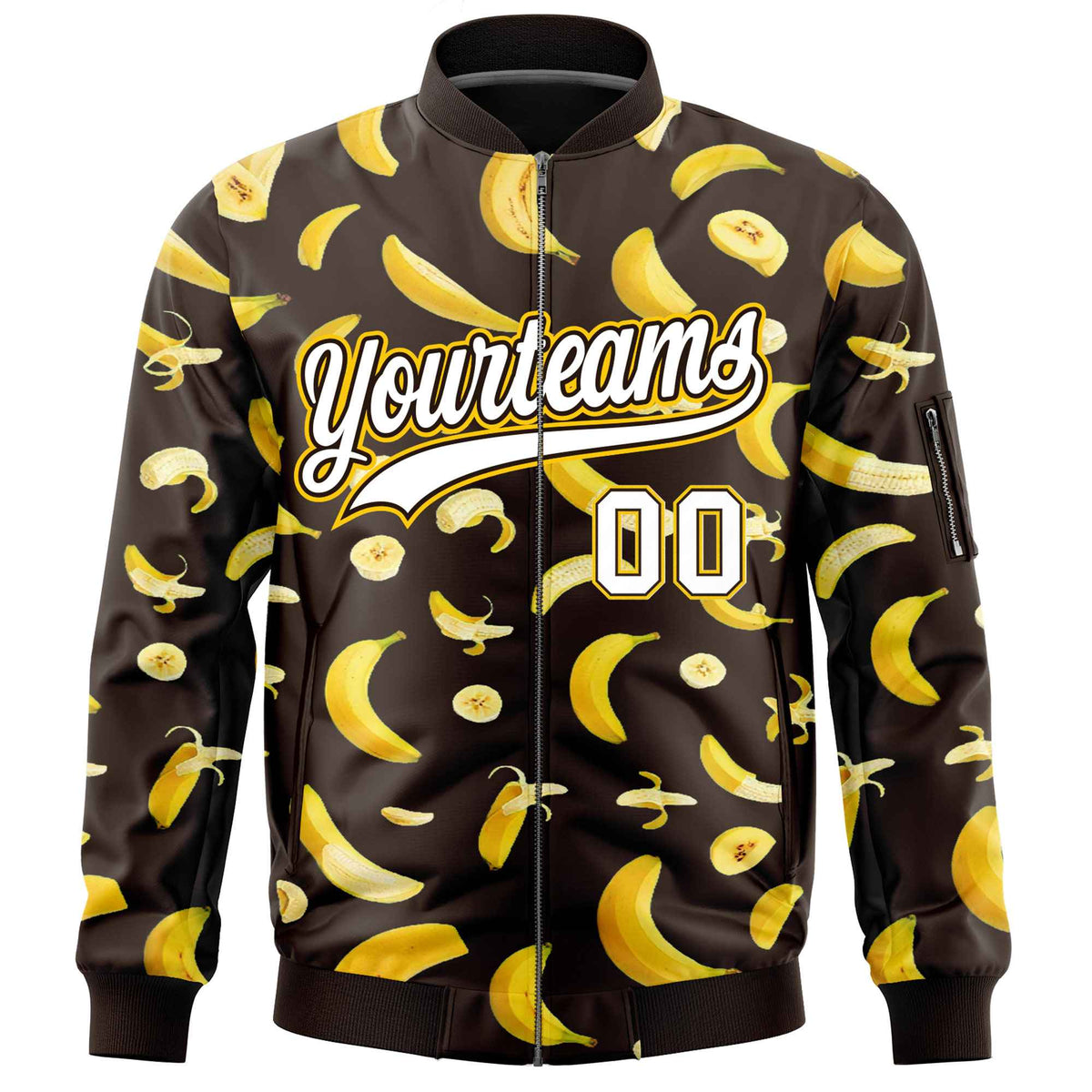 Custom Brown Varsity Full-Zip Banana Pattern Letterman Bomber Jacket | Graffiti Pattern | Embroidery&amp;Dye-sublimation printing | KXKSHOP