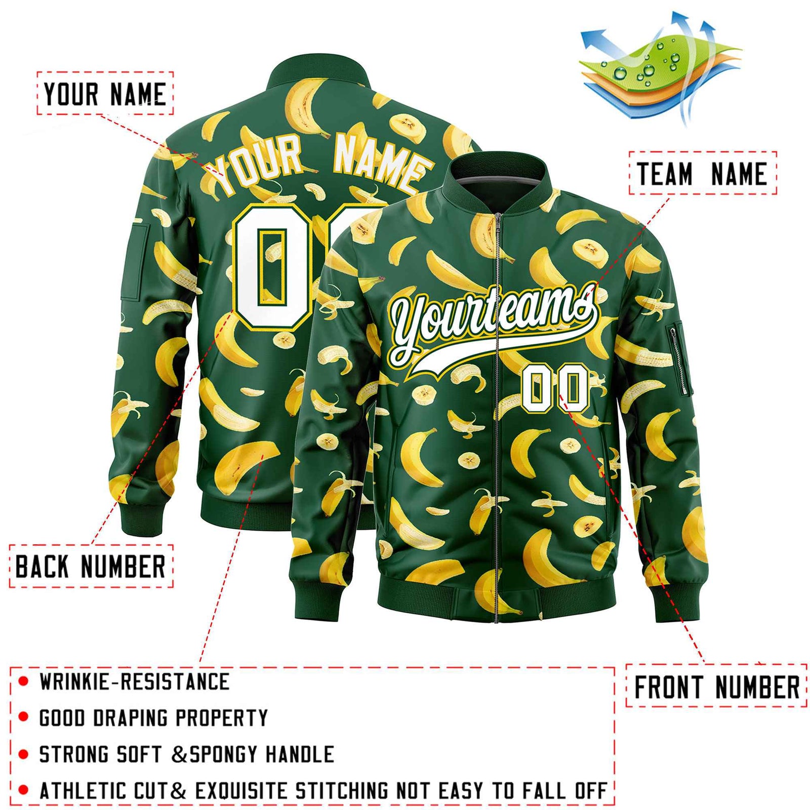 Custom Green Varsity Full-Zip Banana Pattern Letterman Bomber Jacket | Graffiti Pattern | Embroidery&Dye-sublimation printing | KXKSHOP