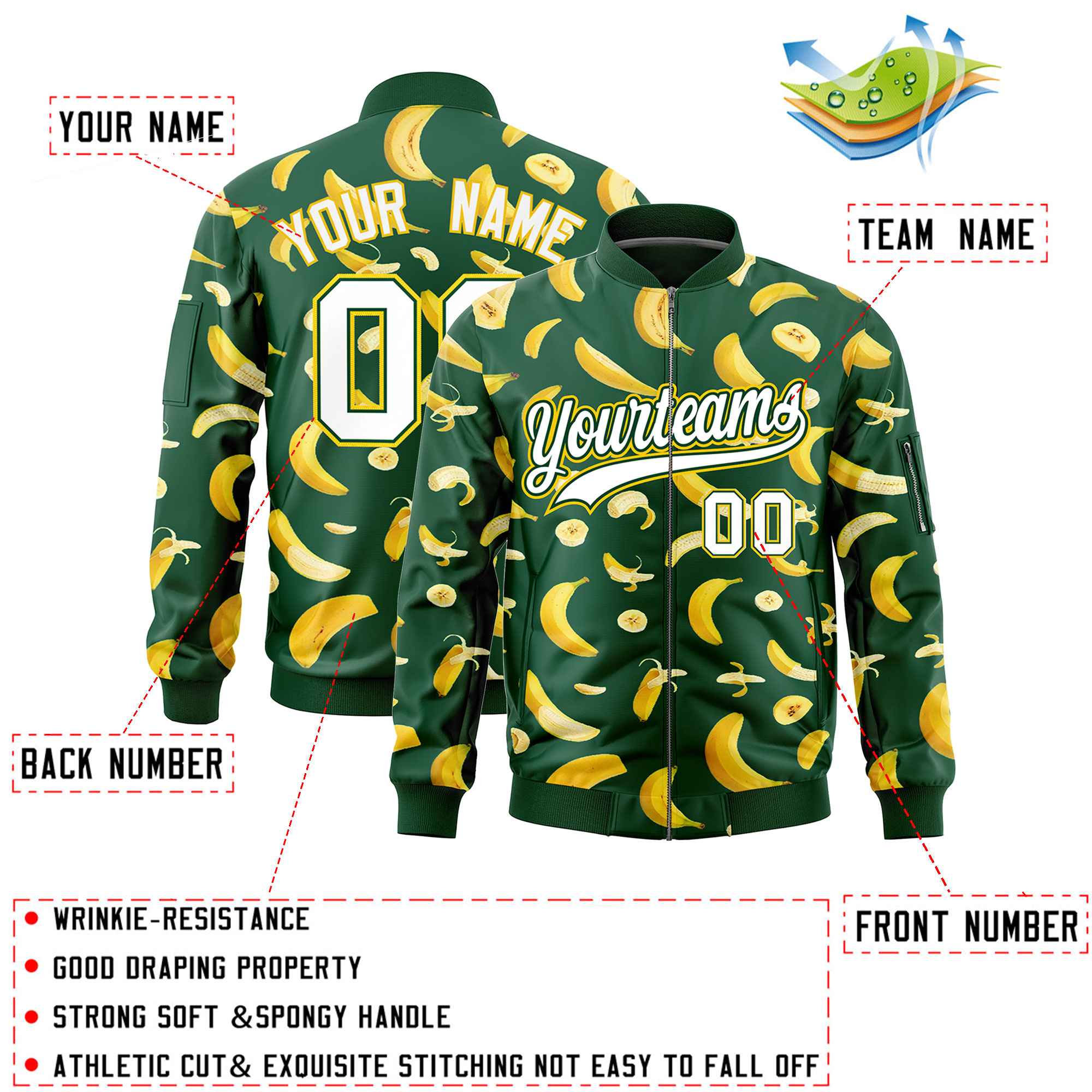 Custom Green Varsity Full-Zip Banana Pattern Letterman Bomber Jacket | Graffiti Pattern | Embroidery&Dye-sublimation printing | KXKSHOP