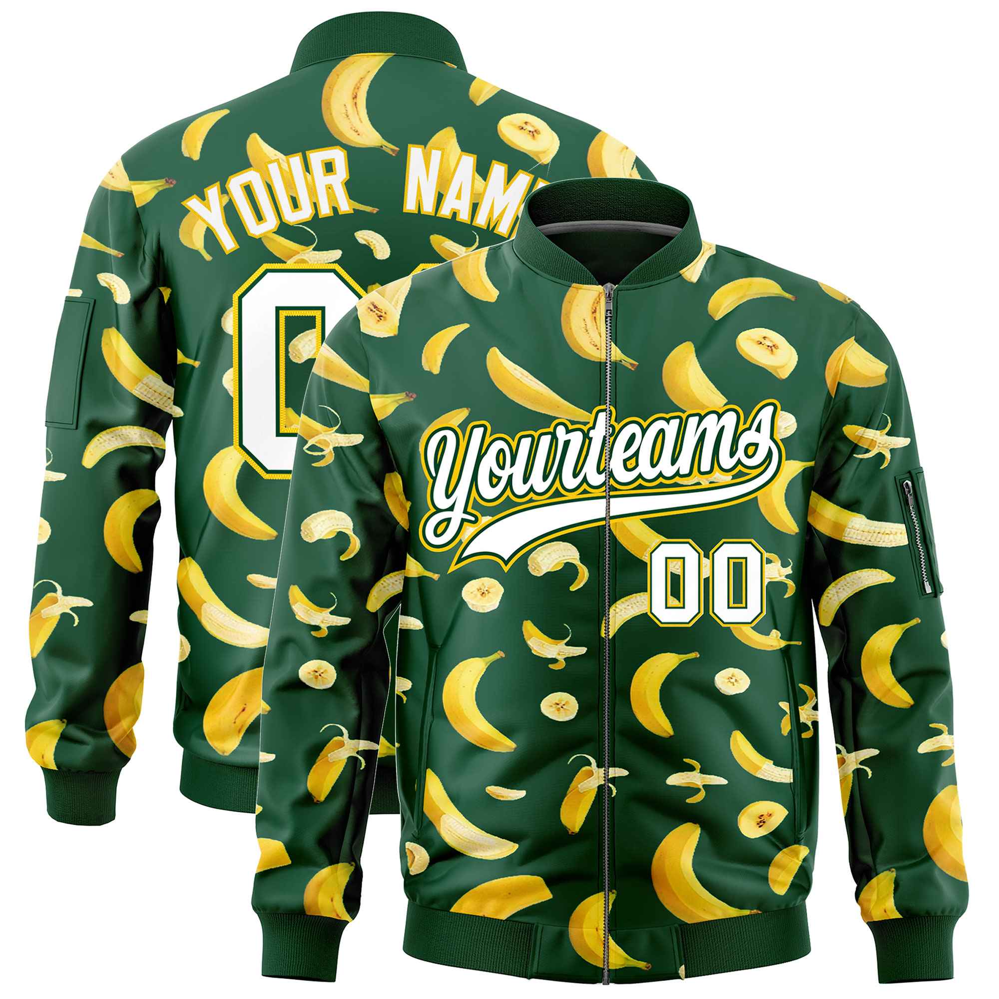 Custom Green Varsity Full-Zip Banana Pattern Letterman Bomber Jacket | Graffiti Pattern | Embroidery&Dye-sublimation printing | KXKSHOP