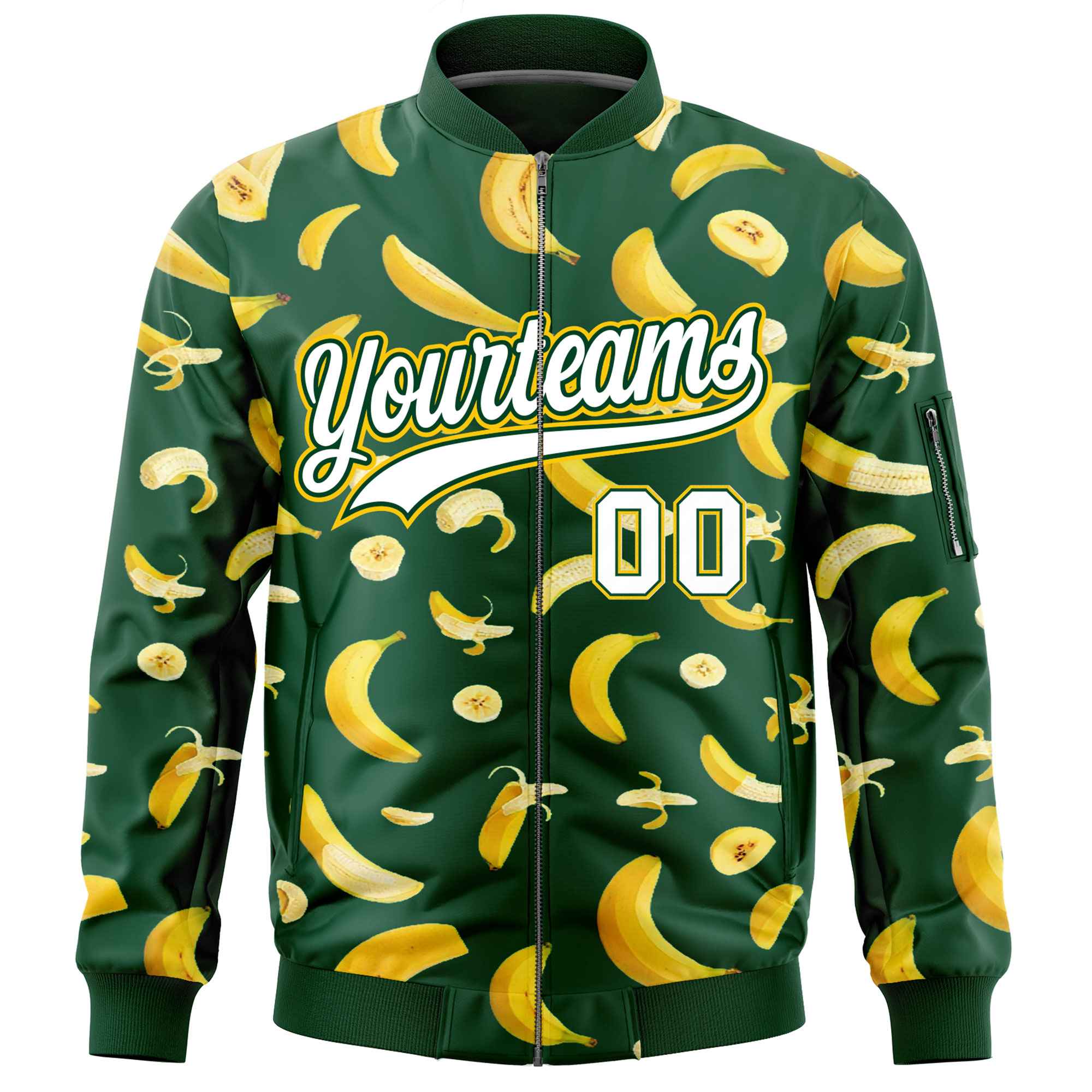 Custom Green Varsity Full-Zip Banana Pattern Letterman Bomber Jacket | Graffiti Pattern | Embroidery&Dye-sublimation printing | KXKSHOP