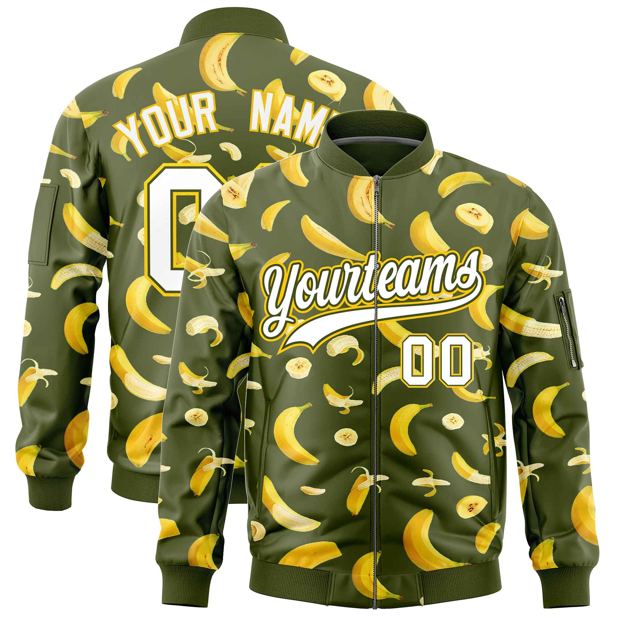 Custom Olive Varsity Full-Zip Banana Pattern Letterman Bomber Jacket | Graffiti Pattern | Embroidery&Dye-sublimation printing | KXKSHOP
