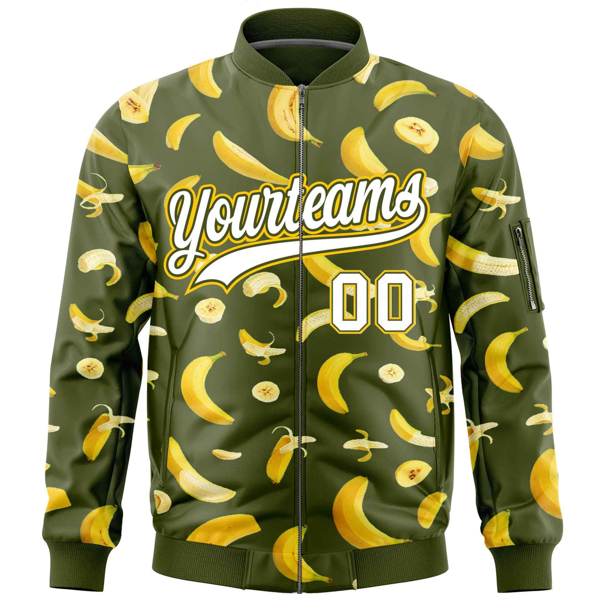 Custom Olive Varsity Full-Zip Banana Pattern Letterman Bomber Jacket | Graffiti Pattern | Embroidery&amp;Dye-sublimation printing | KXKSHOP