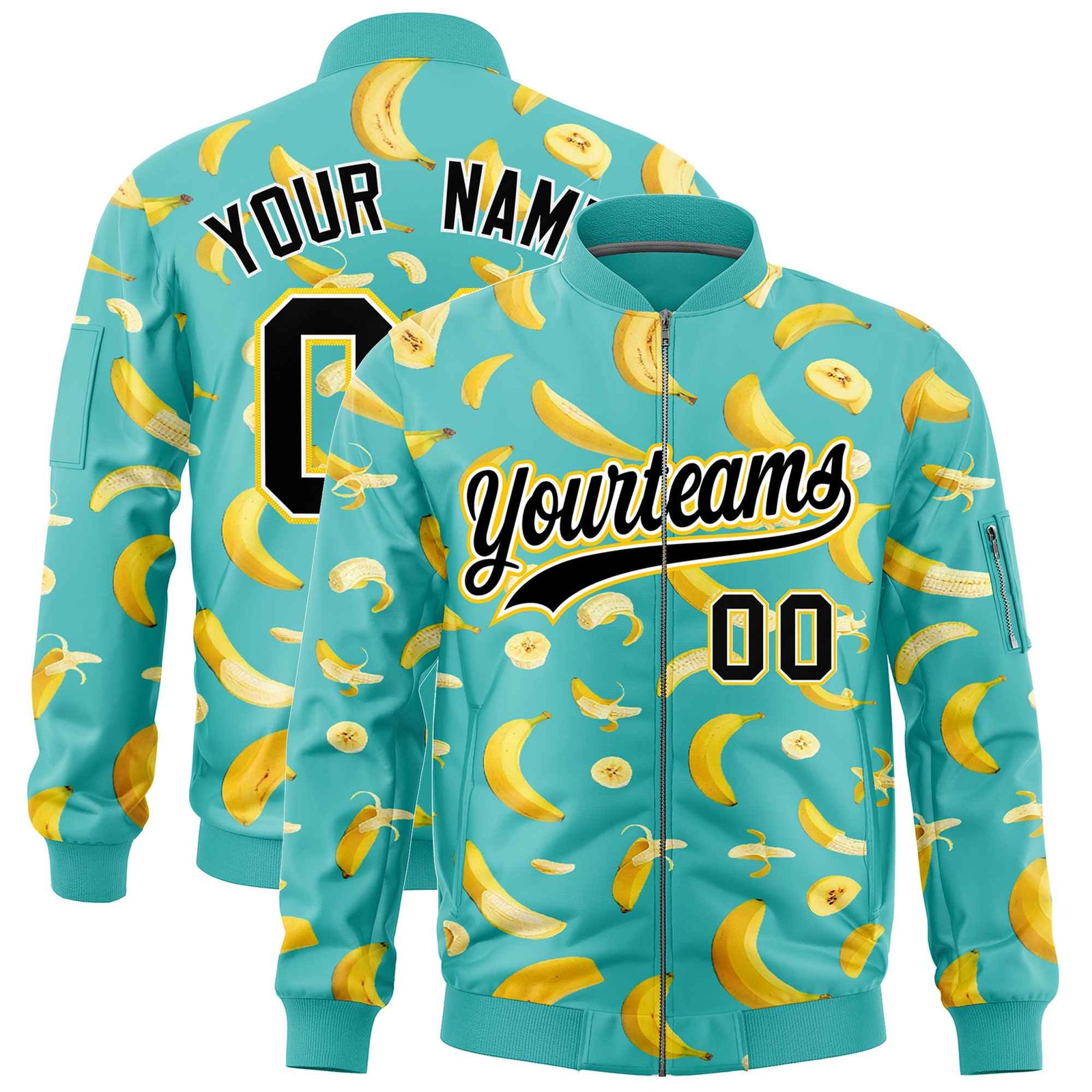 Custom Teal Varsity Full-Zip Banana Pattern Letterman Bomber Jacket | Graffiti Pattern | Embroidery&Dye-sublimation printing | KXKSHOP