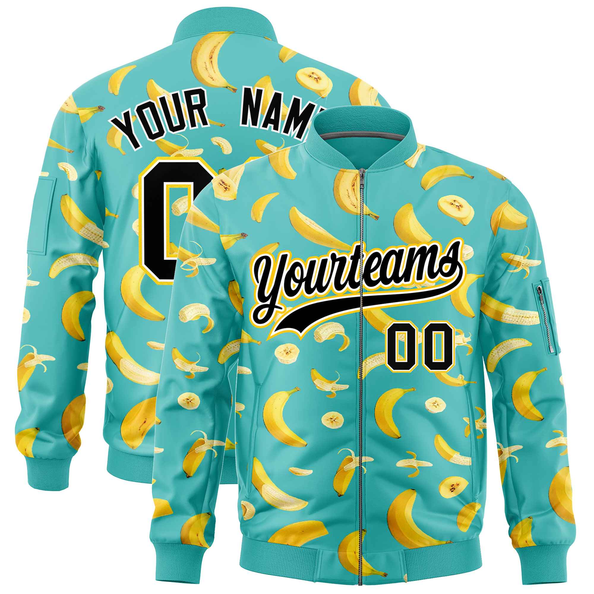 Custom Teal Varsity Full-Zip Banana Pattern Letterman Bomber Jacket | Graffiti Pattern | Embroidery&Dye-sublimation printing | KXKSHOP