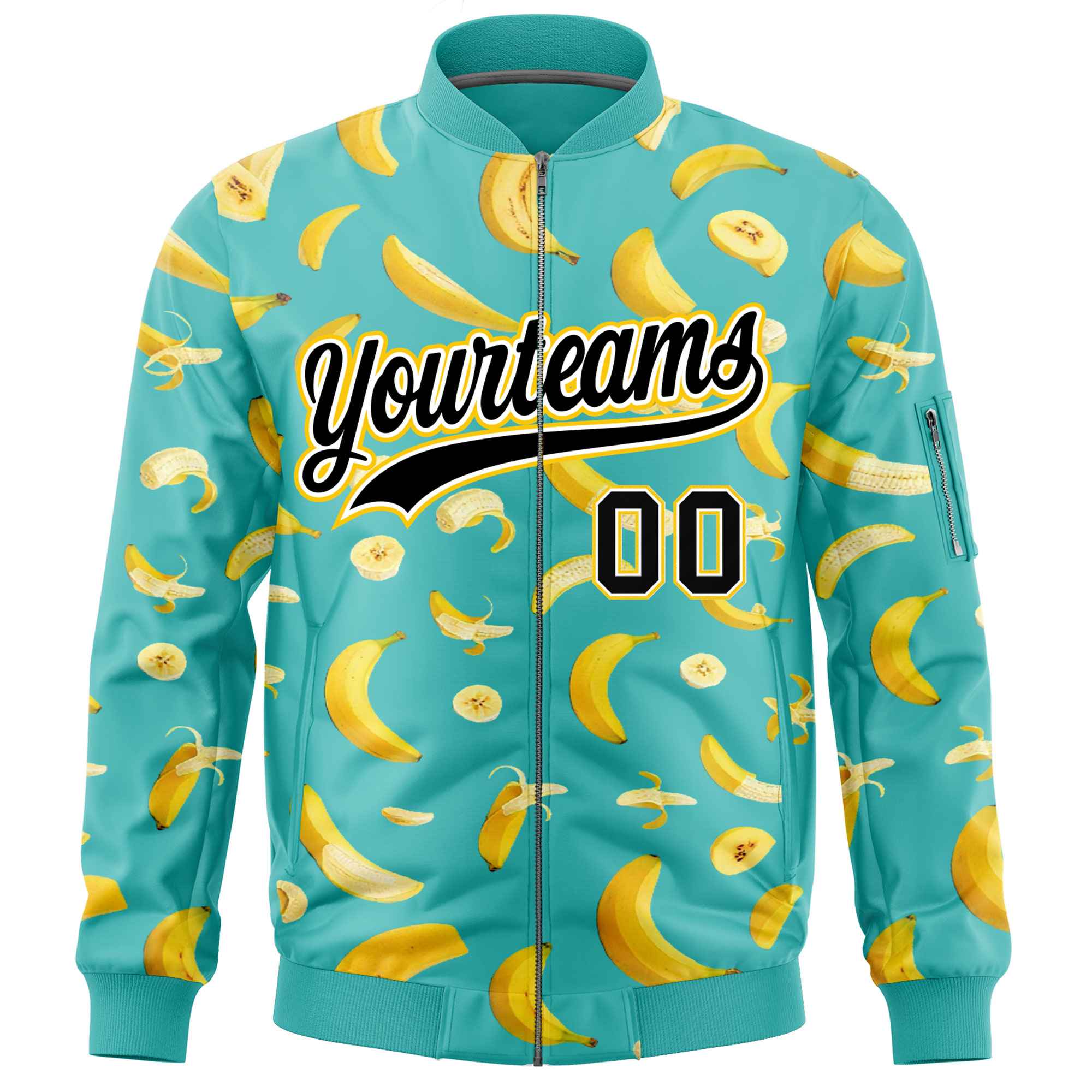Custom Teal Varsity Full-Zip Banana Pattern Letterman Bomber Jacket | Graffiti Pattern | Embroidery&Dye-sublimation printing | KXKSHOP