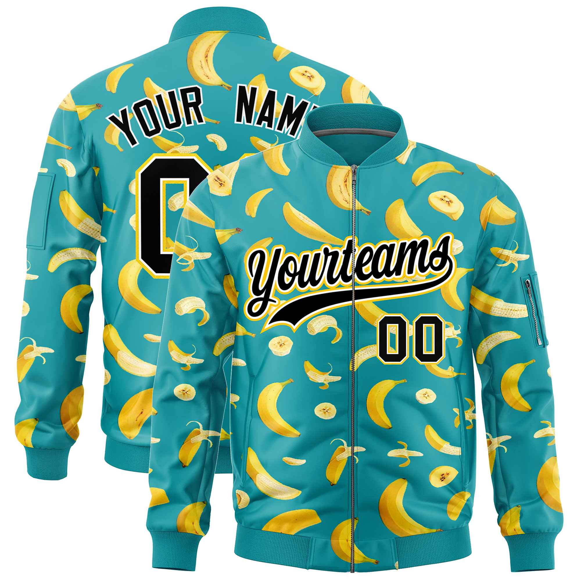 Custom Aqua Varsity Full-Zip Banana Pattern Letterman Bomber Jacket | Graffiti Pattern | Embroidery&Dye-sublimation printing | KXKSHOP