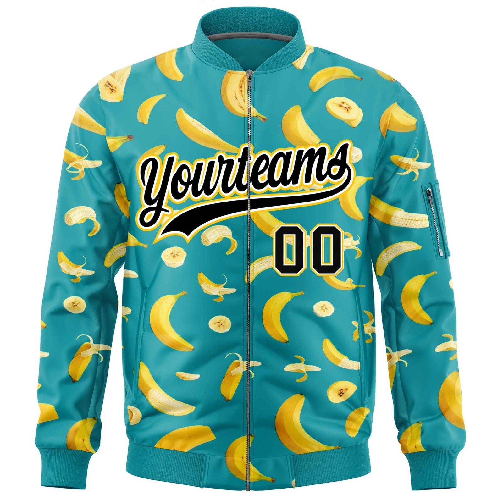 Custom Aqua Varsity Full-Zip Banana Pattern Letterman Bomber Jacket | Graffiti Pattern | Embroidery&Dye-sublimation printing | KXKSHOP