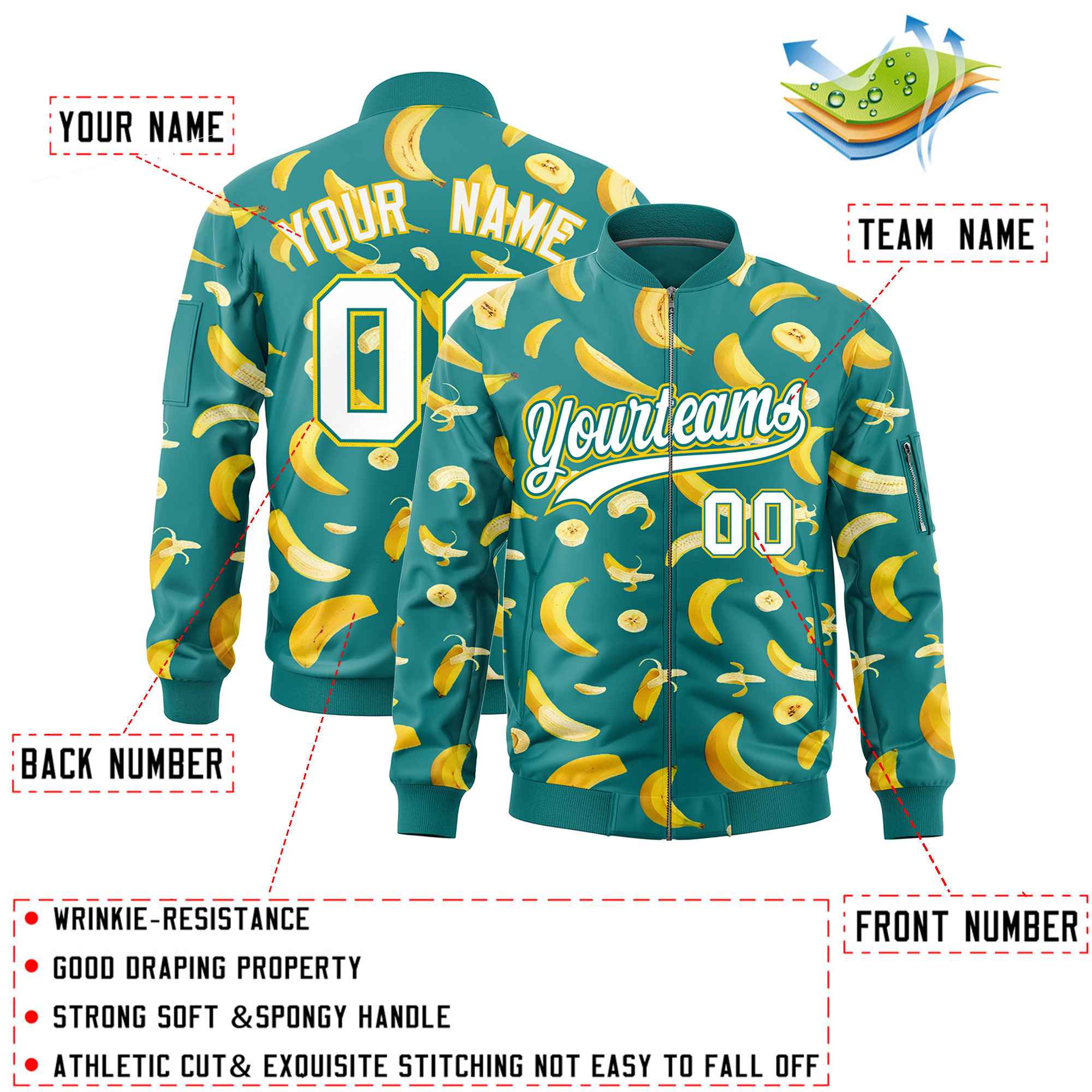 Custom Teal Varsity Full-Zip Banana Pattern Letterman Bomber Jacket | Graffiti Pattern | Embroidery&Dye-sublimation printing | KXKSHOP