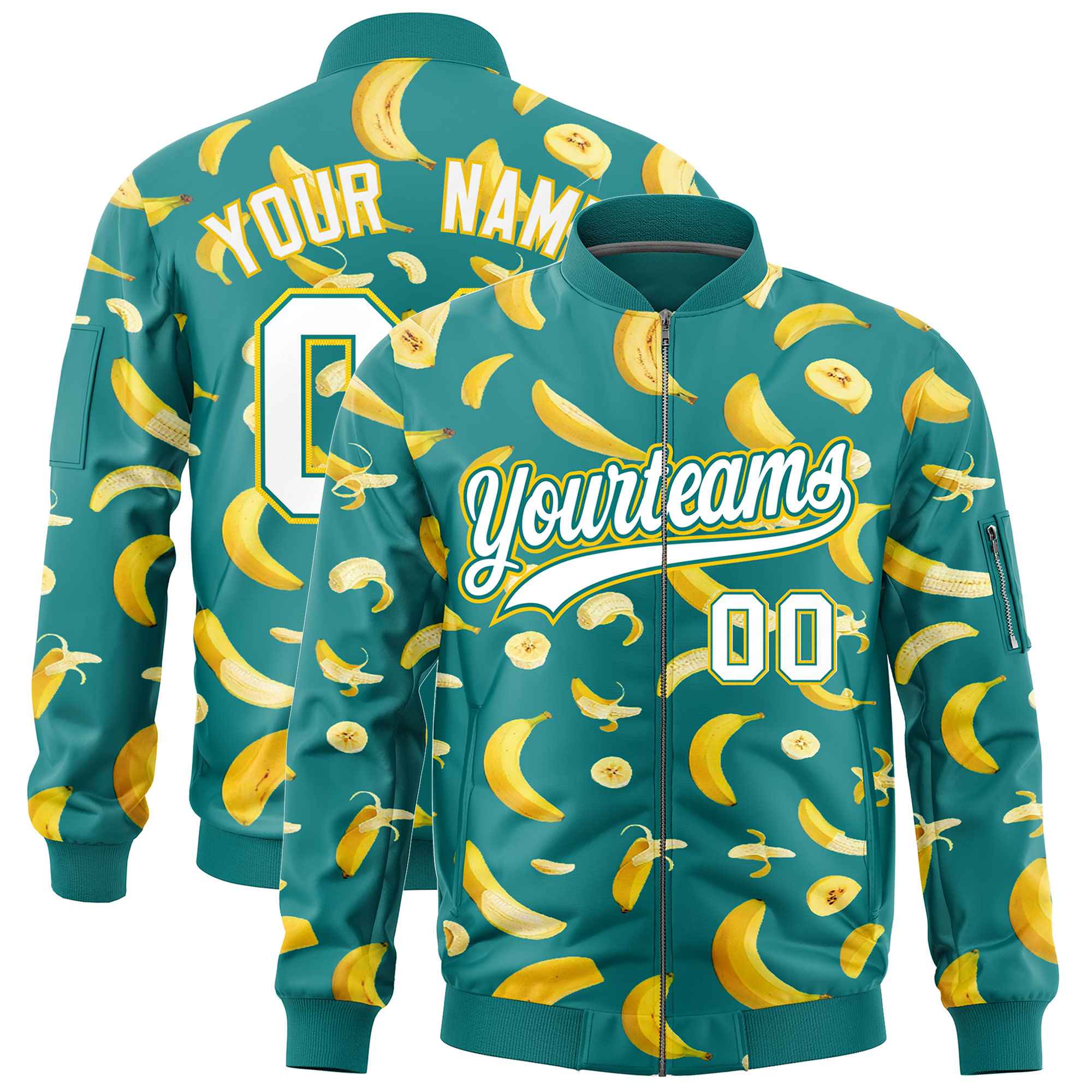 Custom Teal Varsity Full-Zip Banana Pattern Letterman Bomber Jacket | Graffiti Pattern | Embroidery&Dye-sublimation printing | KXKSHOP