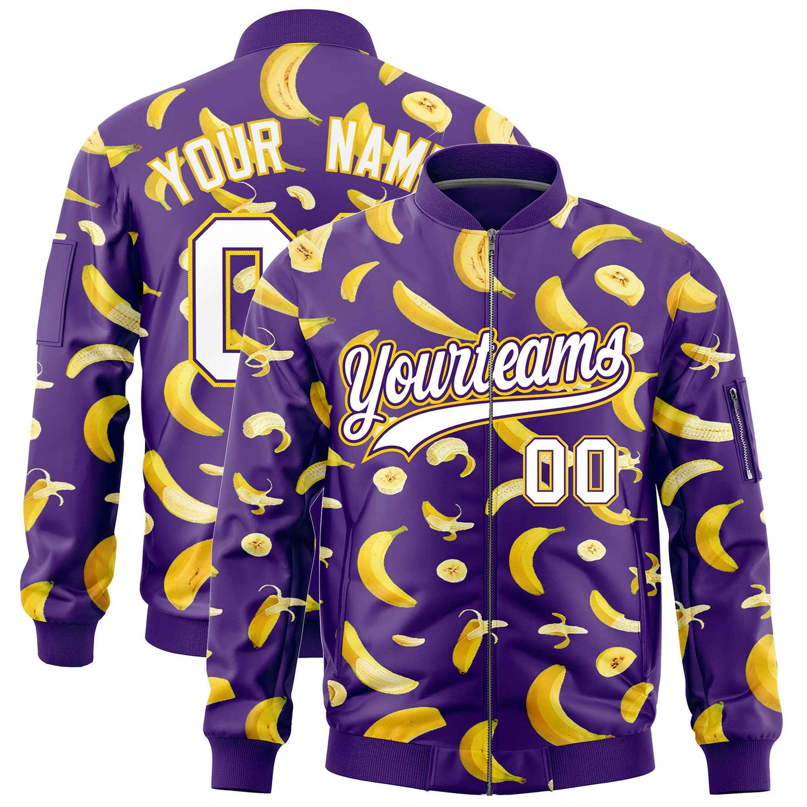 Custom Purple Varsity Full-Zip Banana Pattern Letterman Bomber Jacket | Graffiti Pattern | Embroidery&Dye-sublimation printing | KXKSHOP