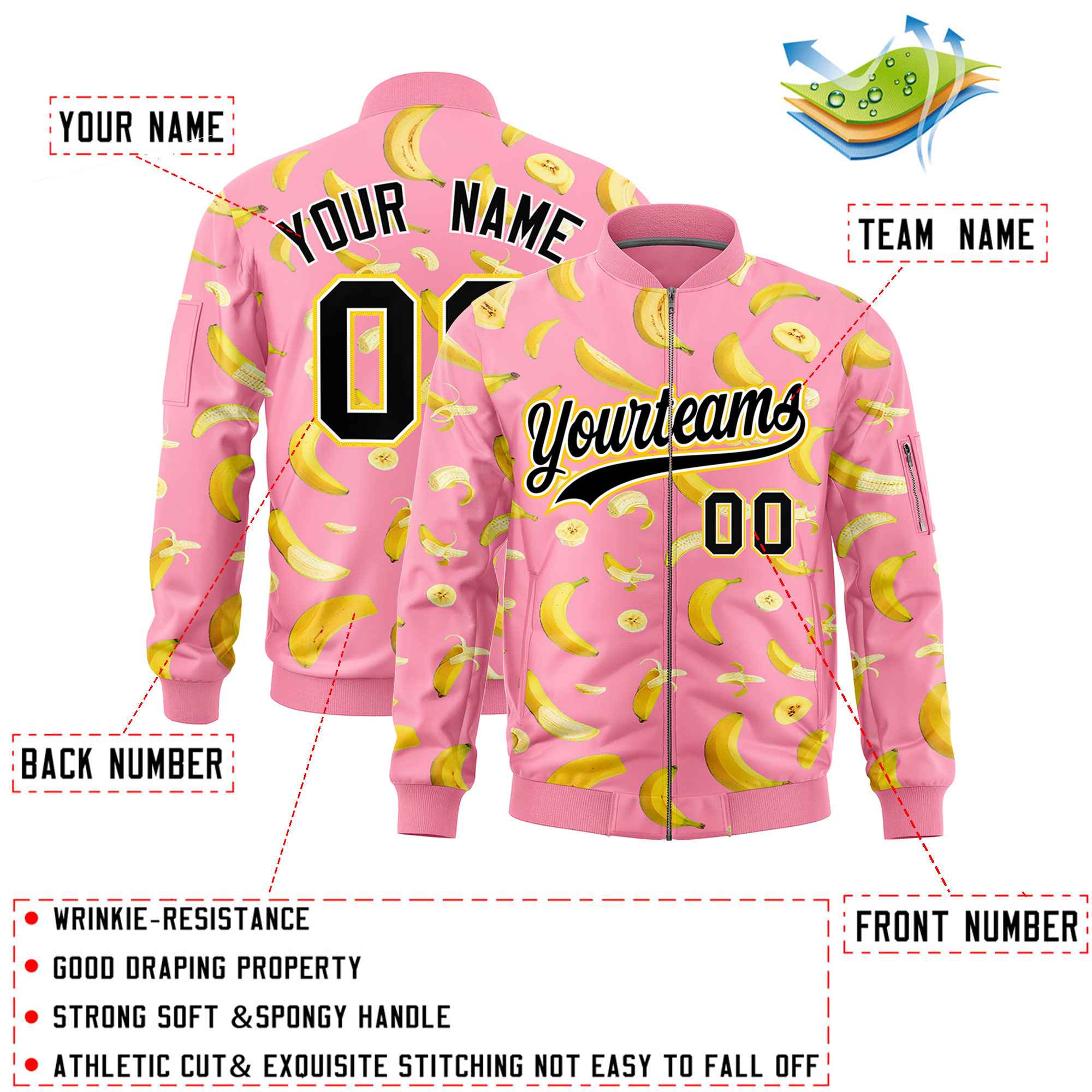 Custom Light Pink Varsity Full-Zip Banana Pattern Letterman Bomber Jacket | Graffiti Pattern | Embroidery&Dye-sublimation printing | KXKSHOP