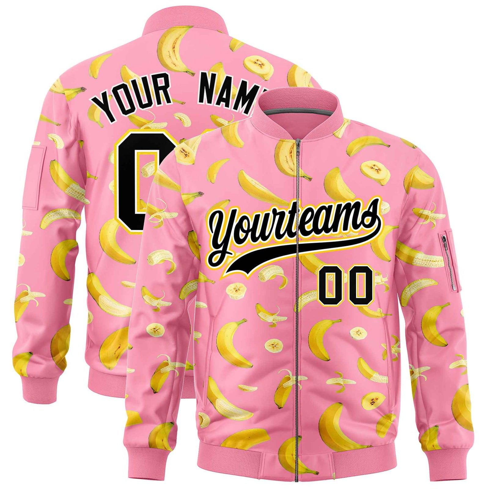 Custom Light Pink Varsity Full-Zip Banana Pattern Letterman Bomber Jacket | Graffiti Pattern | Embroidery&Dye-sublimation printing | KXKSHOP