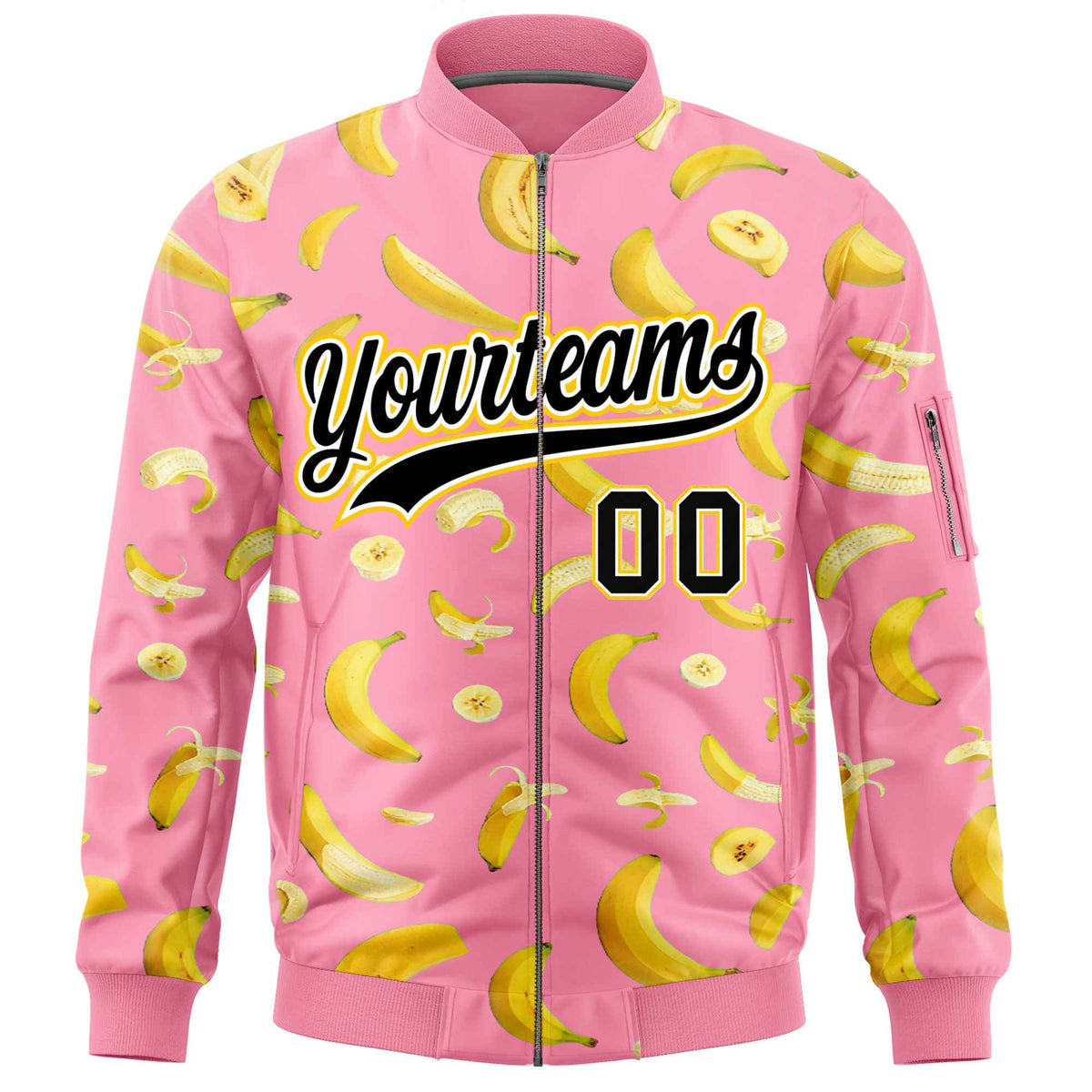 Custom Light Pink Varsity Full-Zip Banana Pattern Letterman Bomber Jacket | Graffiti Pattern | Embroidery&amp;Dye-sublimation printing | KXKSHOP