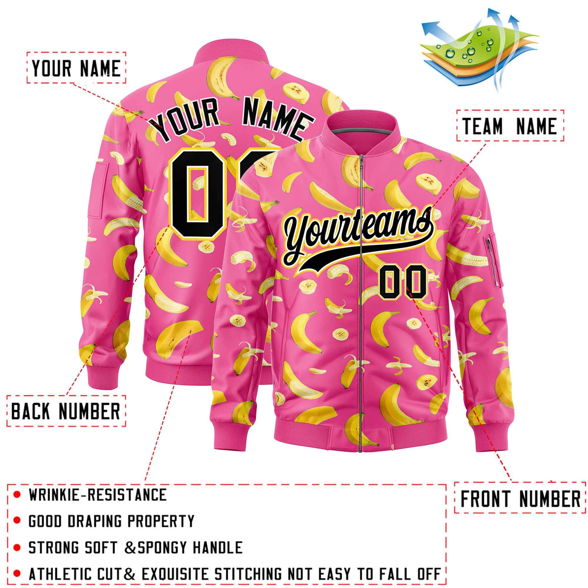 Custom Pink Varsity Full-Zip Banana Pattern Letterman Bomber Jacket | Graffiti Pattern | Embroidery&Dye-sublimation printing | KXKSHOP