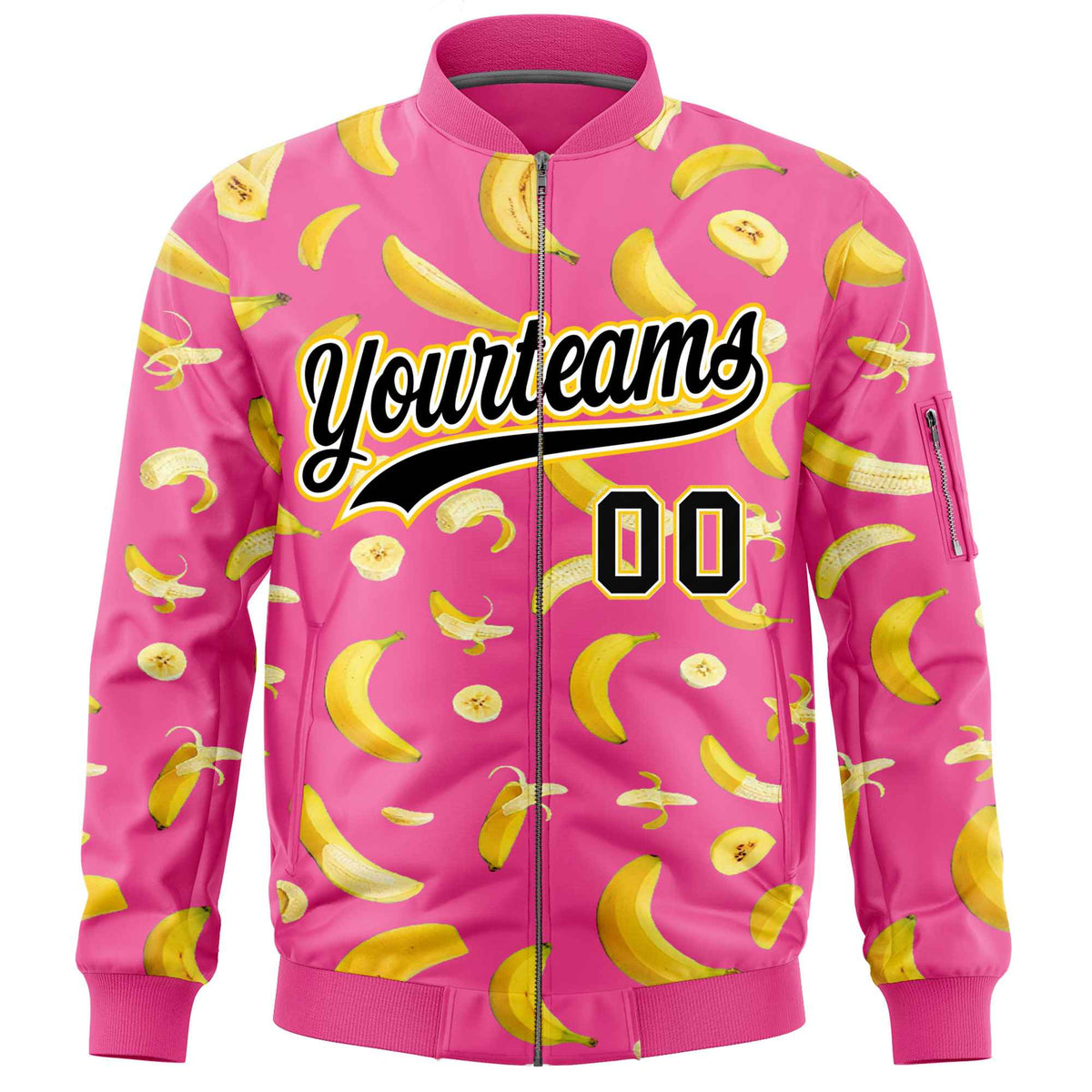 Custom Pink Varsity Full-Zip Banana Pattern Letterman Bomber Jacket | Graffiti Pattern | Embroidery&amp;Dye-sublimation printing | KXKSHOP