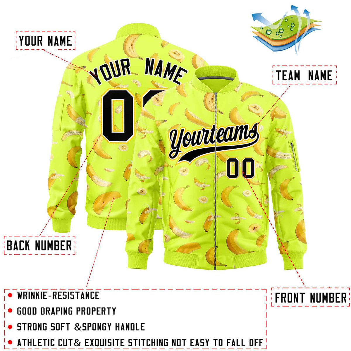 Custom Fluorescent Green Varsity Full-Zip Banana Pattern Letterman Bomber Jacket | Graffiti Pattern | Embroidery&amp;Dye-sublimation printing | KXKSHOP