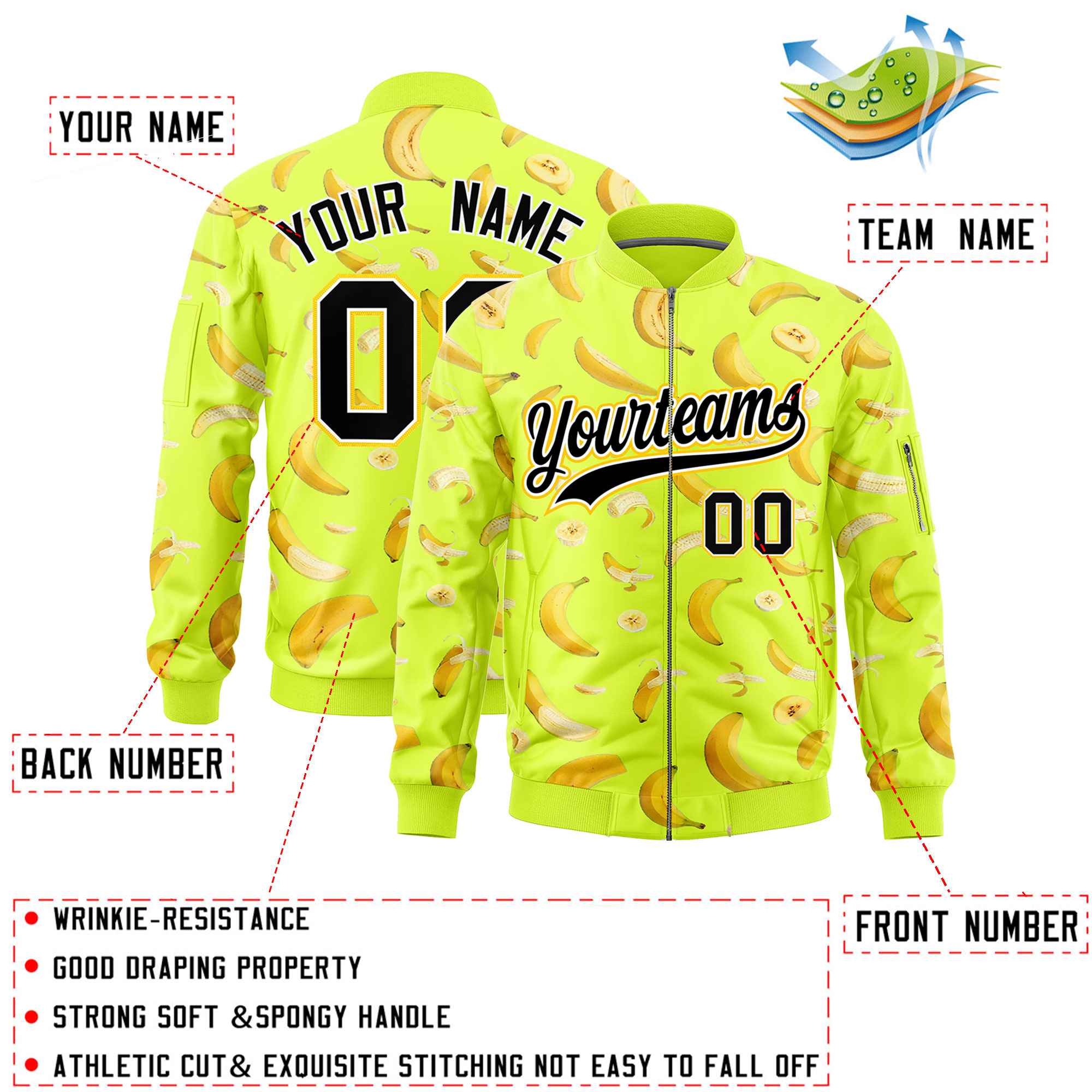 Custom Fluorescent Green Varsity Full-Zip Banana Pattern Letterman Bomber Jacket | Graffiti Pattern | Embroidery&Dye-sublimation printing | KXKSHOP