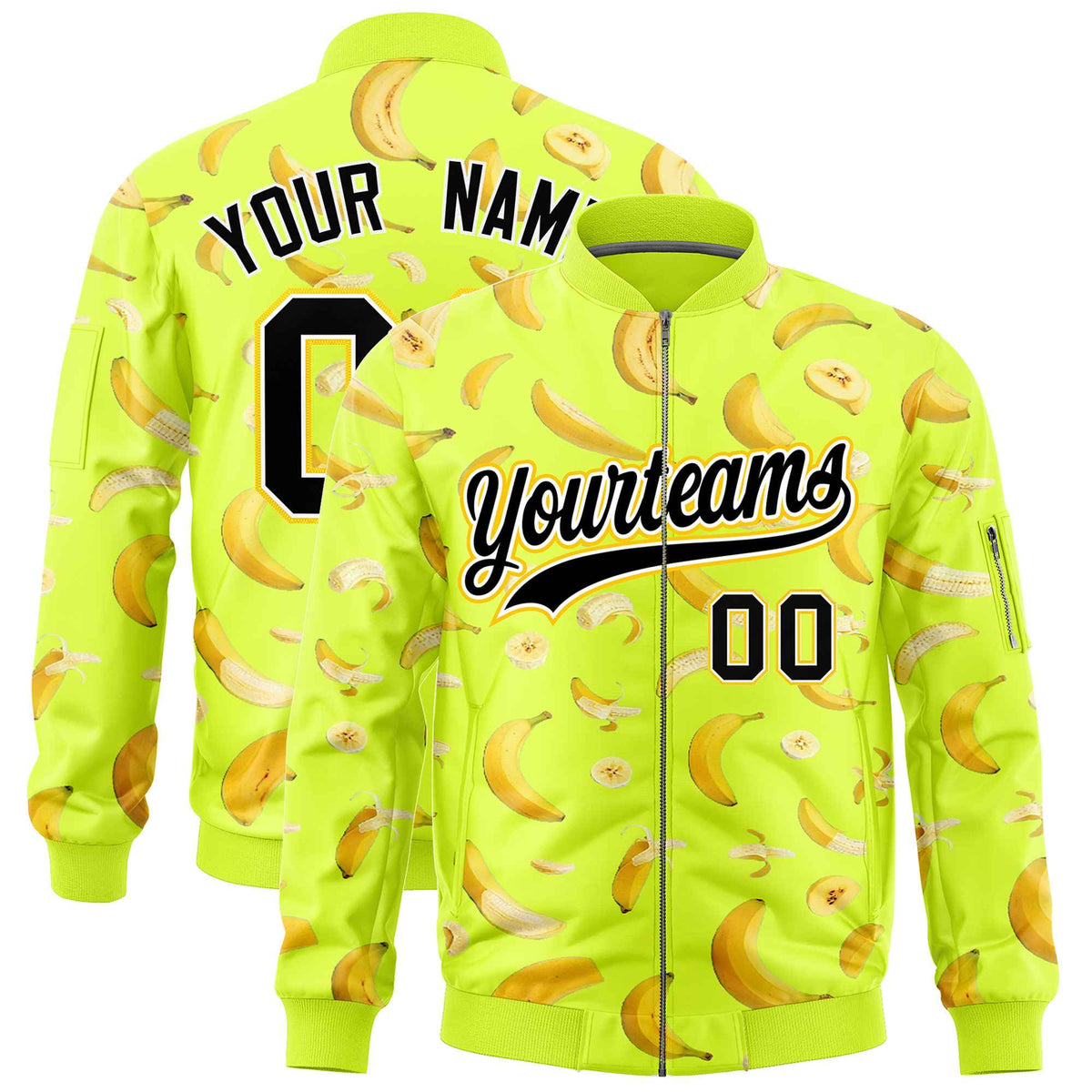 Custom Fluorescent Green Varsity Full-Zip Banana Pattern Letterman Bomber Jacket | Graffiti Pattern | Embroidery&amp;Dye-sublimation printing | KXKSHOP