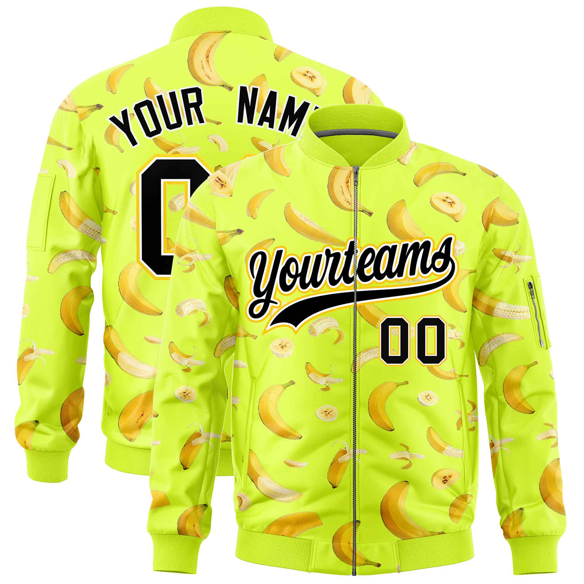 Custom Fluorescent Green Varsity Full-Zip Banana Pattern Letterman Bomber Jacket | Graffiti Pattern | Embroidery&Dye-sublimation printing | KXKSHOP