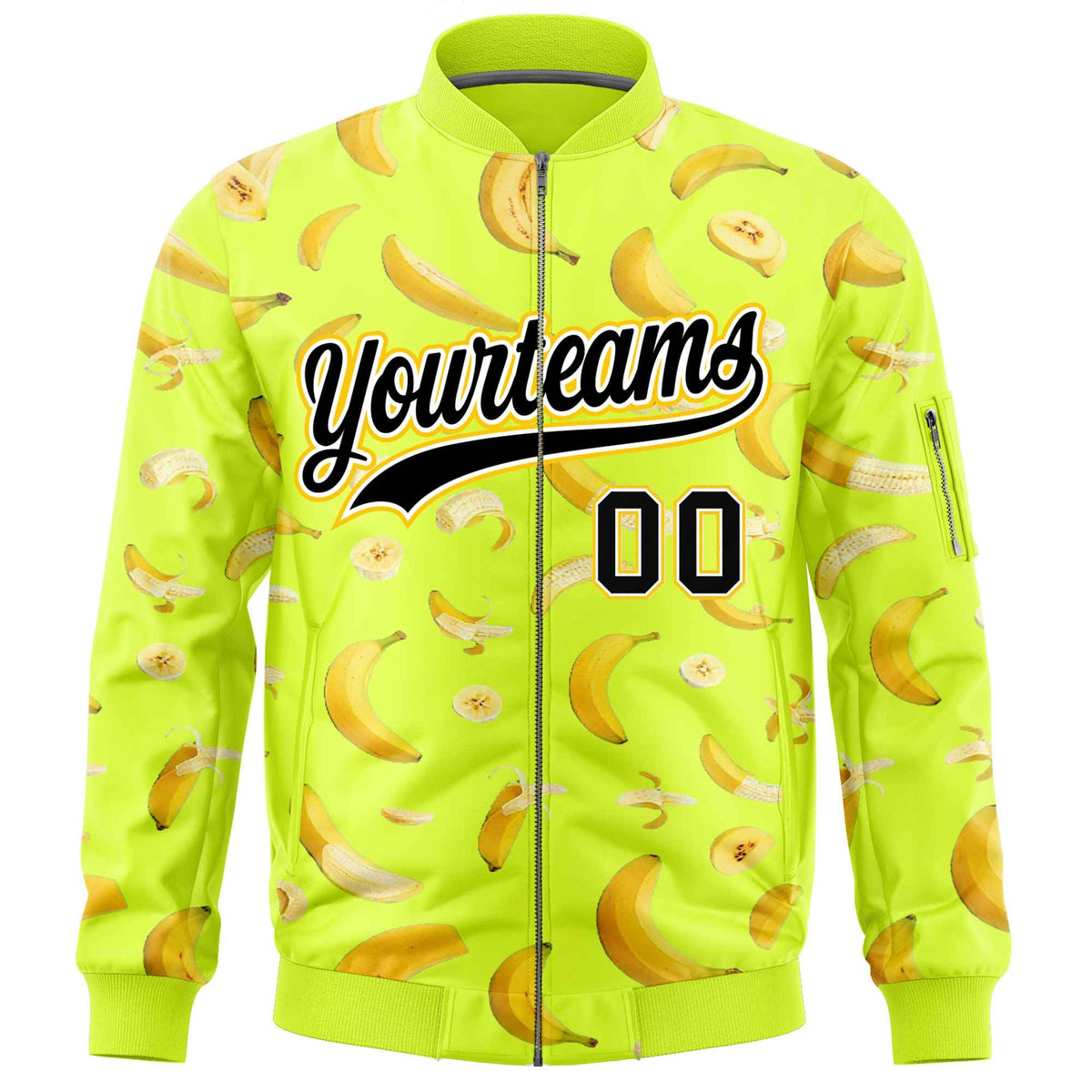 Custom Fluorescent Green Varsity Full-Zip Banana Pattern Letterman Bomber Jacket | Graffiti Pattern | Embroidery&amp;Dye-sublimation printing | KXKSHOP