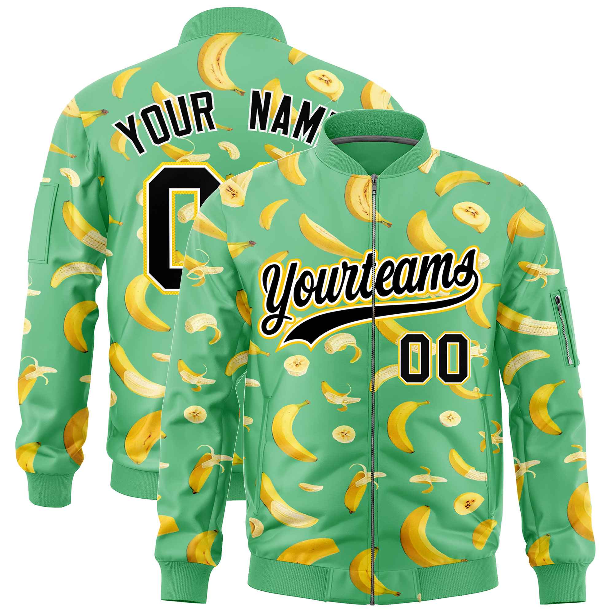 Custom Neon Green Varsity Full-Zip Banana Pattern Letterman Bomber Jacket | Graffiti Pattern | Embroidery&Dye-sublimation printing | KXKSHOP